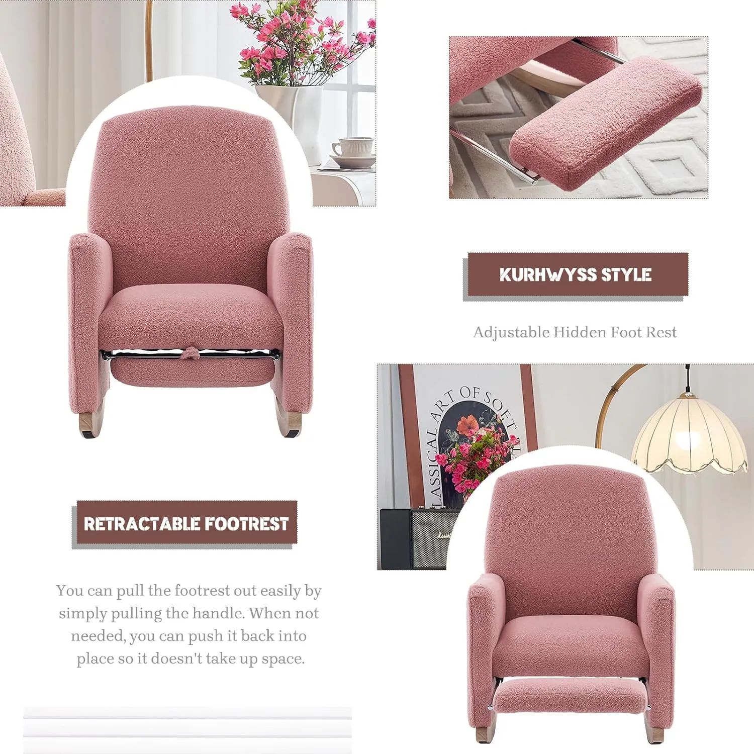 Modern Rocking Chair Nursery, Comfy Glider Nursery Chair with Foot Rest, Upholstered Rocker with Pocket, Accent Reading Armchair with Solid Wood Base for Living Room, Bedroom, Lounge Room (Pink)