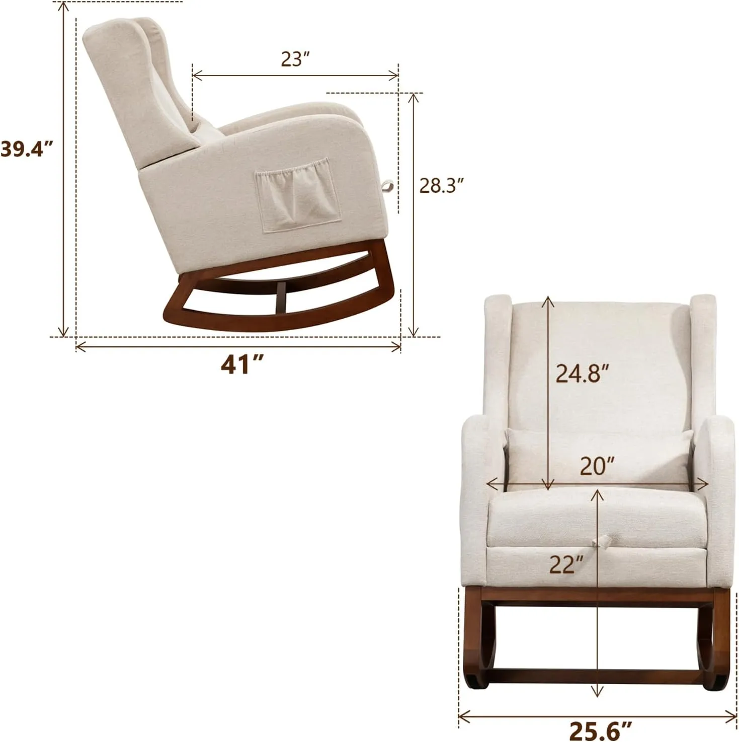 Modern Rocking Chair Nursery Glider, Comfy Rocker Nursery Chair with Foot Rest, Accent Reading Armchair with Pillow and Pocket, Upholstered Lounge Rocker with Solid Wood Base for Relaxing (Beige)