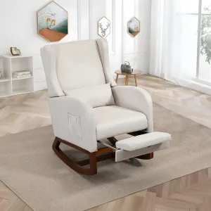 Modern Rocking Chair Nursery Glider, Comfy Rocker Nursery Chair with Foot Rest, Accent Reading Armchair with Pillow and Pocket, Upholstered Lounge Rocker with Solid Wood Base for Relaxing (Beige)