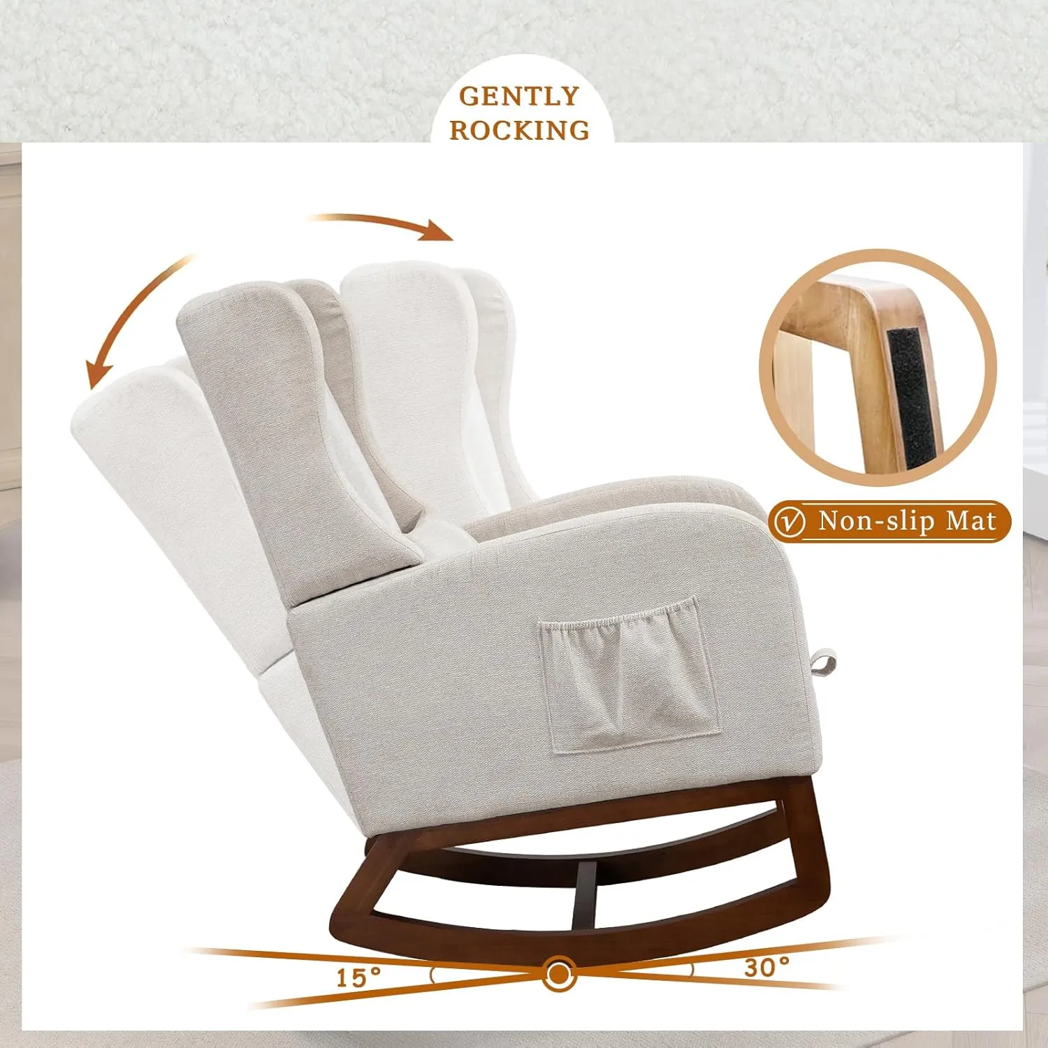 Modern Rocking Chair Nursery Glider, Comfy Rocker Nursery Chair with Foot Rest, Accent Reading Armchair with Pillow and Pocket, Upholstered Lounge Rocker with Solid Wood Base for Relaxing (Beige)