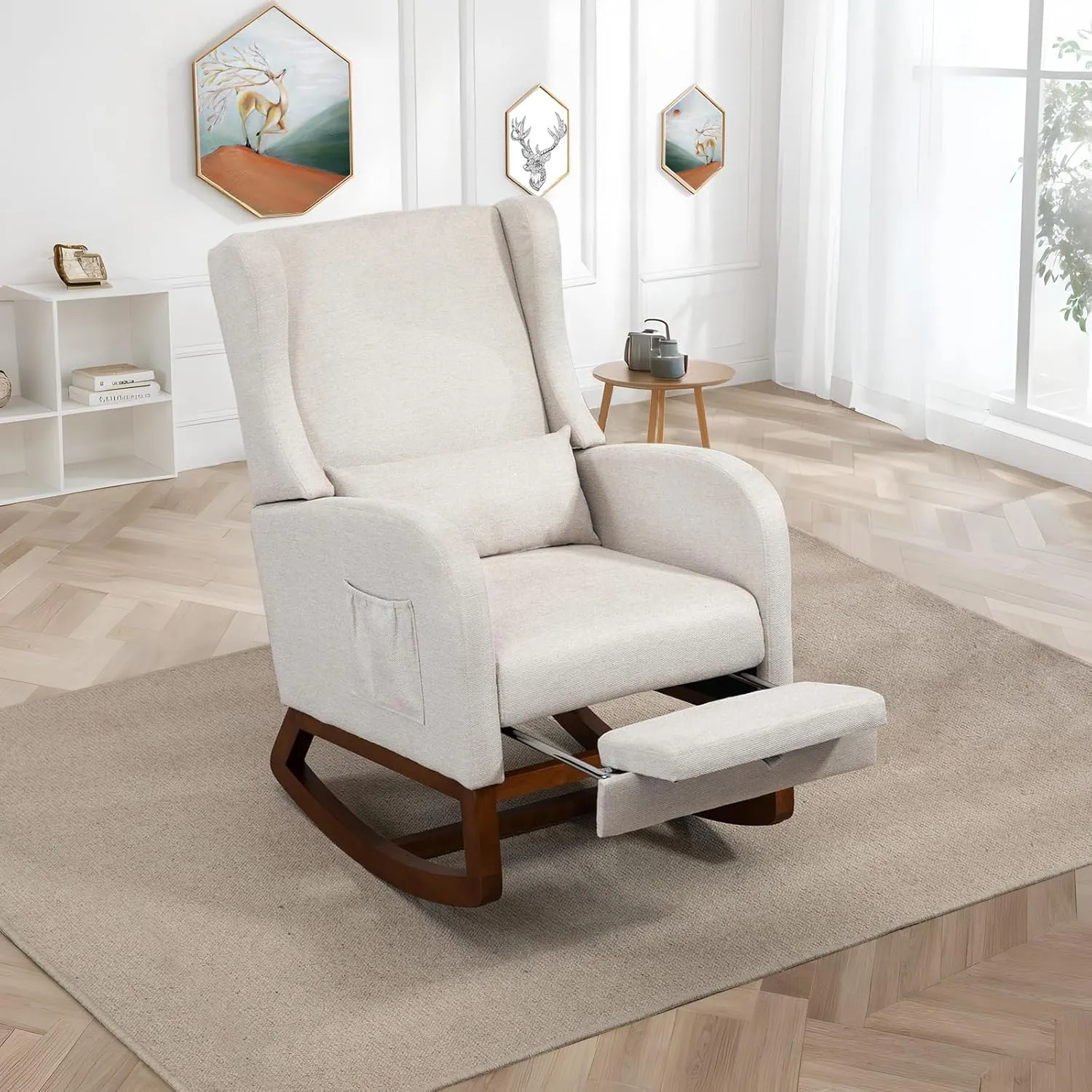Modern Rocking Chair Nursery Glider, Comfy Rocker Nursery Chair with Foot Rest, Accent Reading Armchair with Pillow and Pocket, Upholstered Lounge Rocker with Solid Wood Base for Relaxing (Beige)