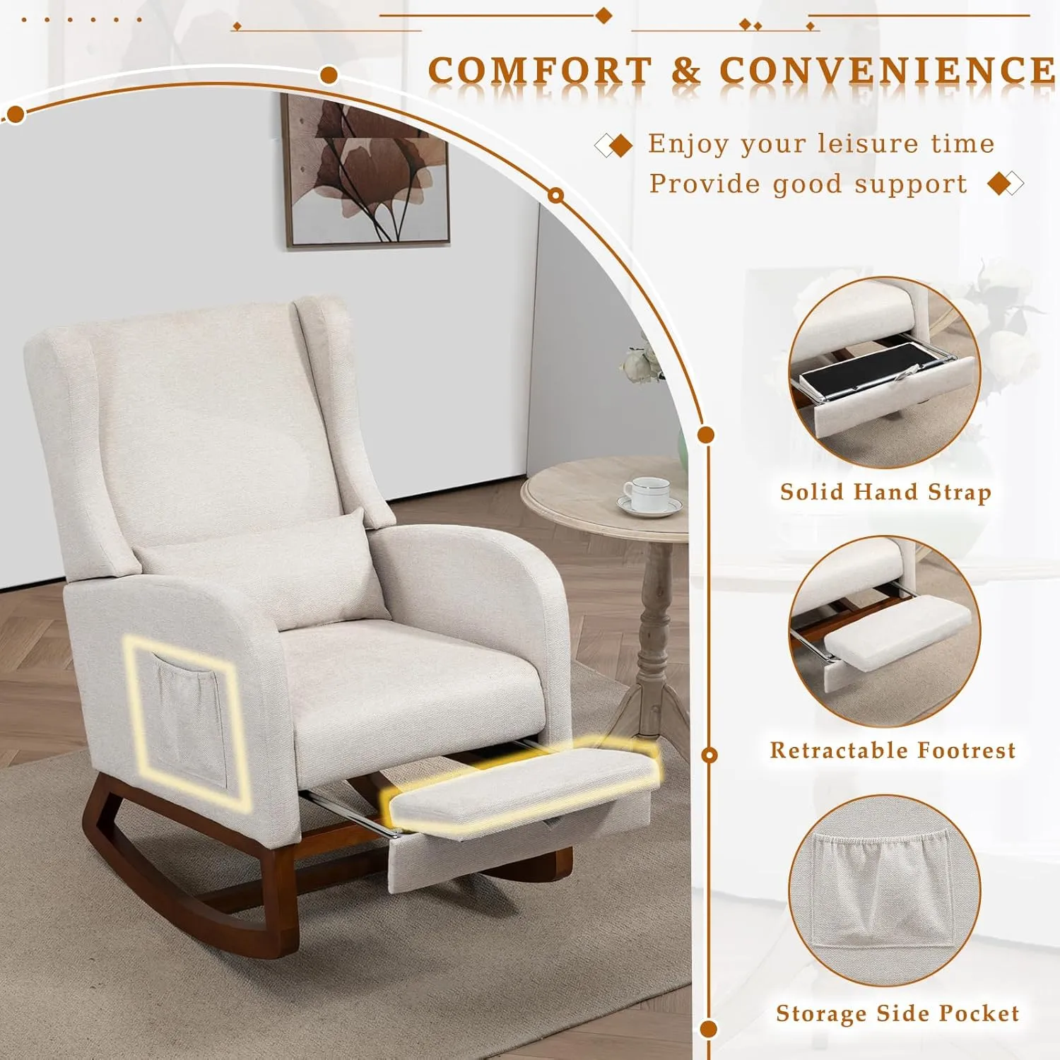 Modern Rocking Chair Nursery Glider, Comfy Rocker Nursery Chair with Foot Rest, Accent Reading Armchair with Pillow and Pocket, Upholstered Lounge Rocker with Solid Wood Base for Relaxing (Beige)