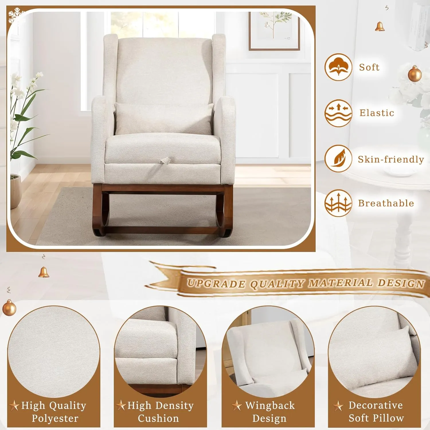 Modern Rocking Chair Nursery Glider, Comfy Rocker Nursery Chair with Foot Rest, Accent Reading Armchair with Pillow and Pocket, Upholstered Lounge Rocker with Solid Wood Base for Relaxing (Beige)