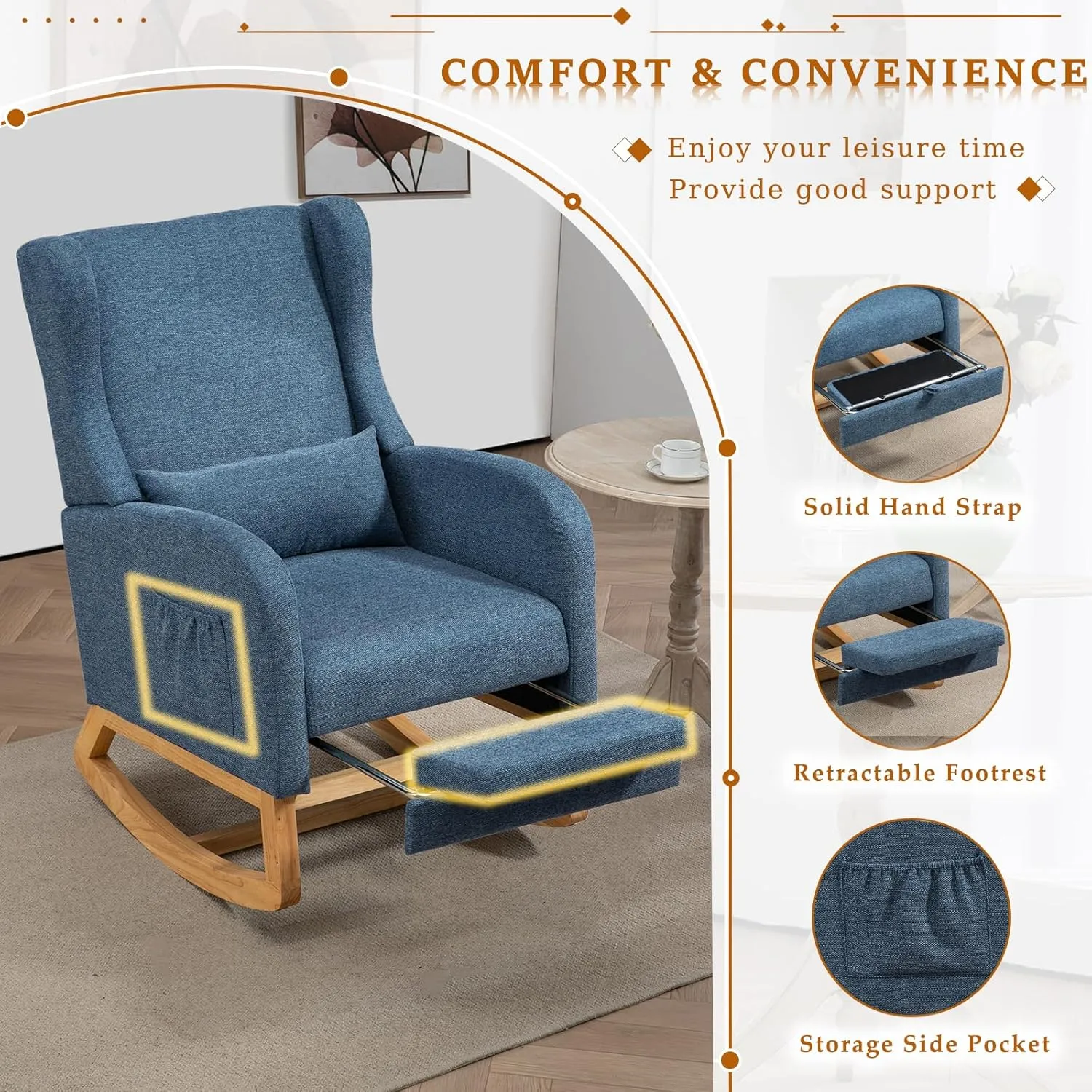 Modern Rocking Chair Nursery Glider, Comfy Rocker Nursery Chair with Foot Rest, Accent Reading Armchair with Pillow and Pocket, Upholstered Lounge Rocker with Solid Wood Base for Relaxing (Blue)