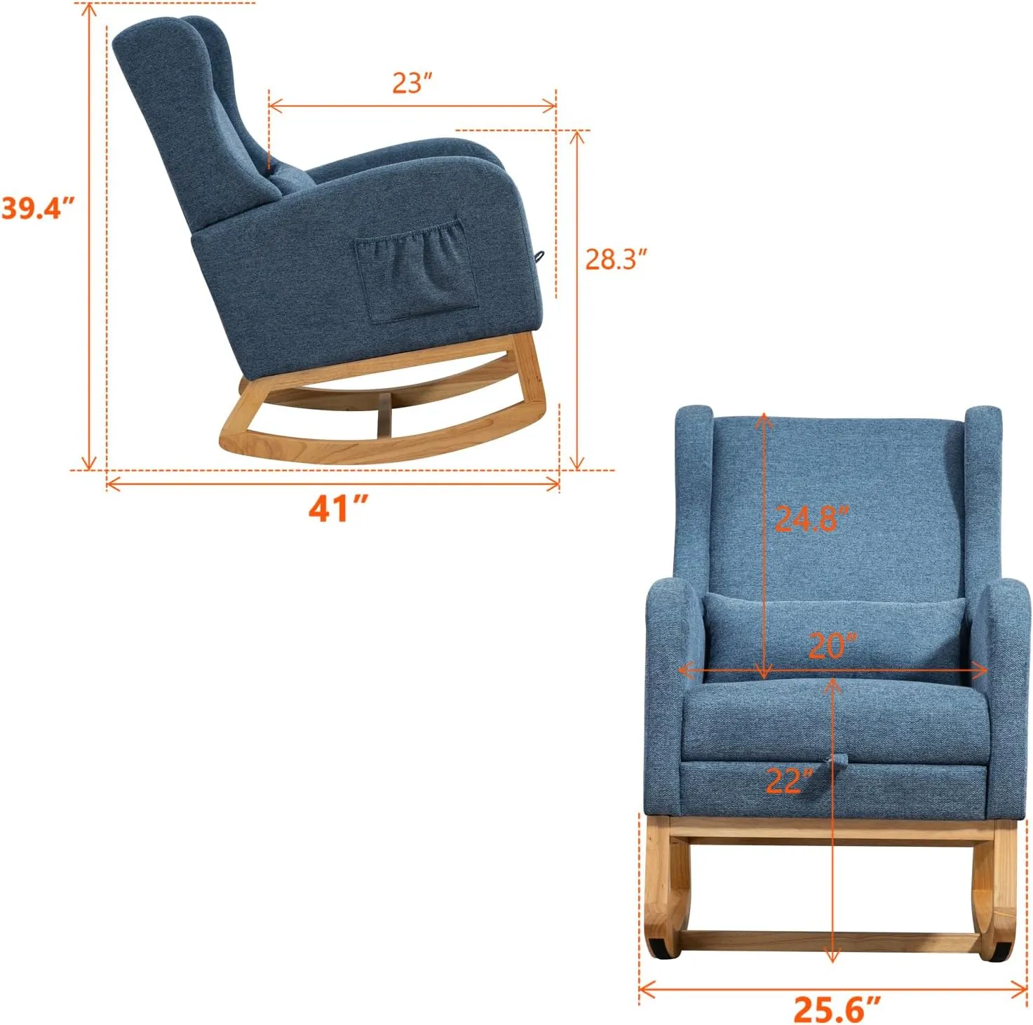 Modern Rocking Chair Nursery Glider, Comfy Rocker Nursery Chair with Foot Rest, Accent Reading Armchair with Pillow and Pocket, Upholstered Lounge Rocker with Solid Wood Base for Relaxing (Blue)