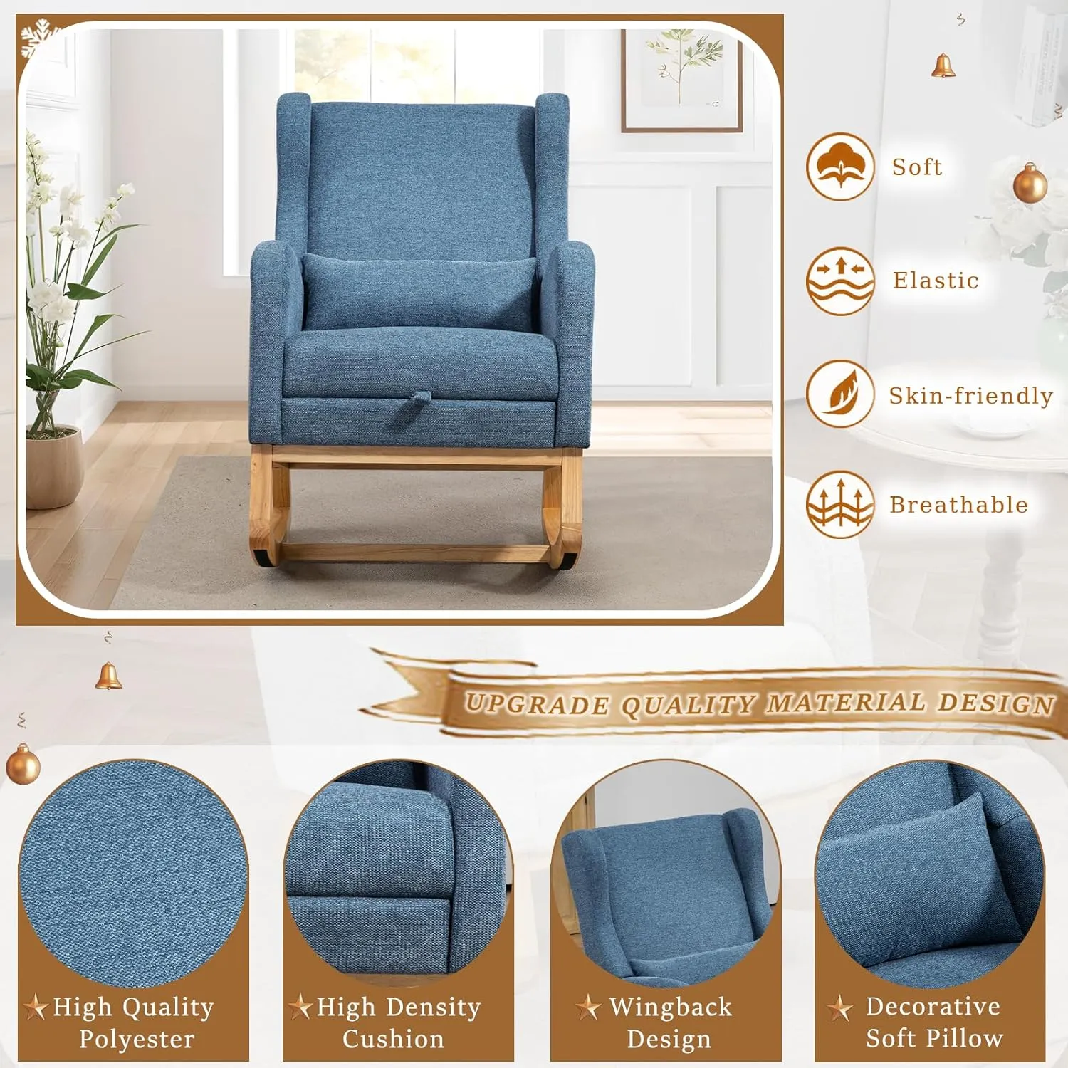 Modern Rocking Chair Nursery Glider, Comfy Rocker Nursery Chair with Foot Rest, Accent Reading Armchair with Pillow and Pocket, Upholstered Lounge Rocker with Solid Wood Base for Relaxing (Blue)