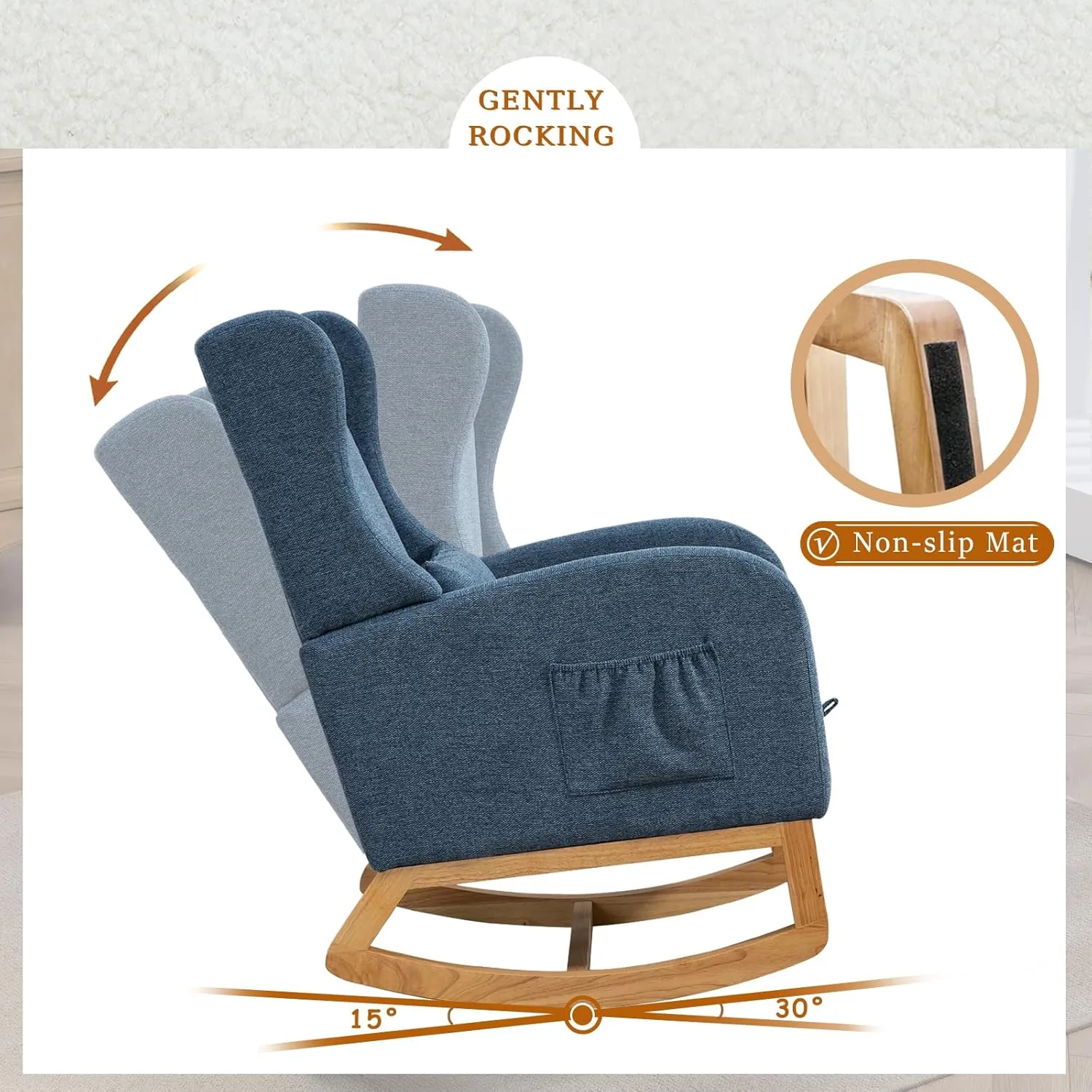 Modern Rocking Chair Nursery Glider, Comfy Rocker Nursery Chair with Foot Rest, Accent Reading Armchair with Pillow and Pocket, Upholstered Lounge Rocker with Solid Wood Base for Relaxing (Blue)