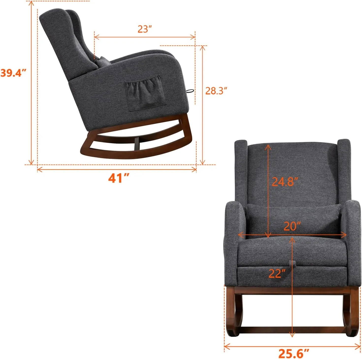 Modern Rocking Chair Nursery Glider, Comfy Rocker Nursery Chair with Foot Rest, Accent Reading Armchair with Pillow and Pocket, Upholstered Lounge Rocker with Solid Wood Base for Relaxing (Charcoal)