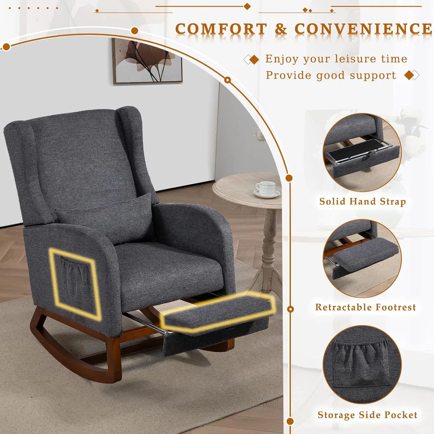 Modern Rocking Chair Nursery Glider, Comfy Rocker Nursery Chair with Foot Rest, Accent Reading Armchair with Pillow and Pocket, Upholstered Lounge Rocker with Solid Wood Base for Relaxing (Charcoal)