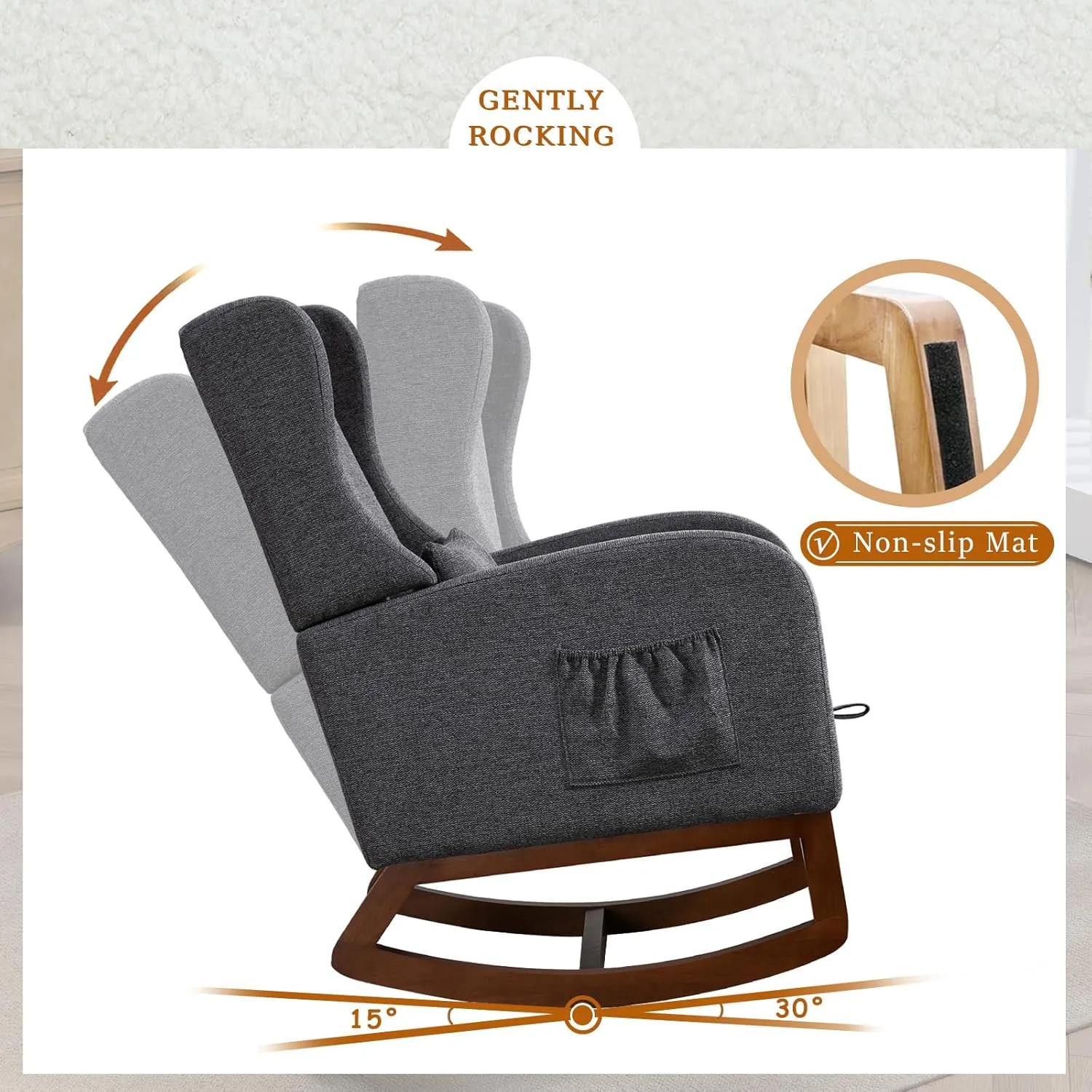 Modern Rocking Chair Nursery Glider, Comfy Rocker Nursery Chair with Foot Rest, Accent Reading Armchair with Pillow and Pocket, Upholstered Lounge Rocker with Solid Wood Base for Relaxing (Charcoal)