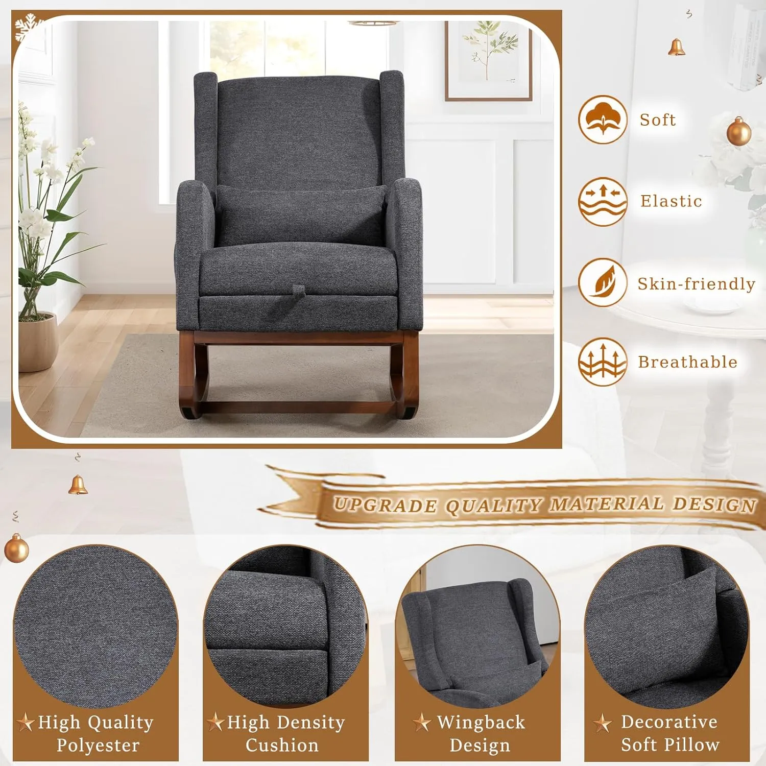 Modern Rocking Chair Nursery Glider, Comfy Rocker Nursery Chair with Foot Rest, Accent Reading Armchair with Pillow and Pocket, Upholstered Lounge Rocker with Solid Wood Base for Relaxing (Charcoal)