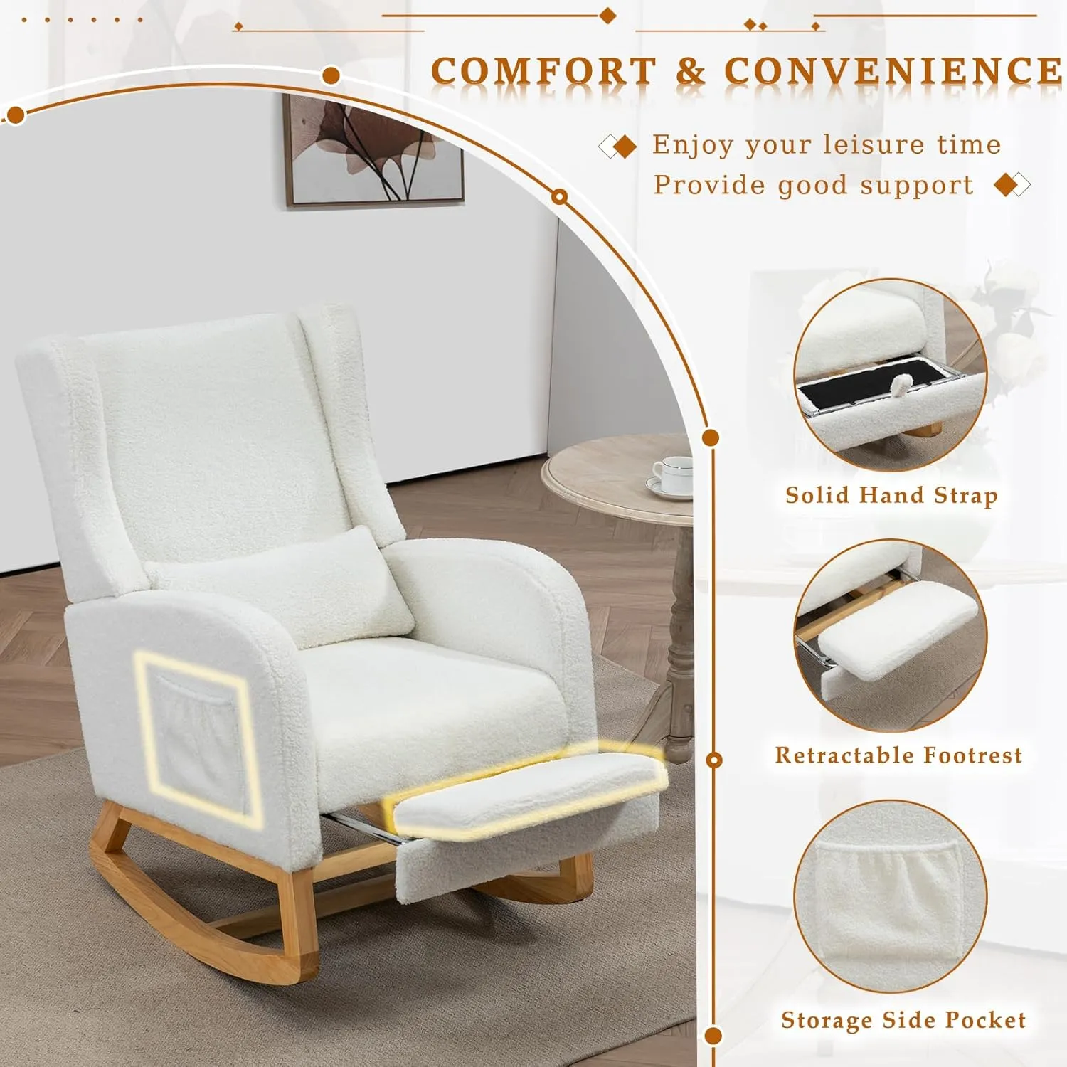 Modern Rocking Chair Nursery Glider, Comfy Rocker Nursery Chair with Foot Rest, Accent Reading Armchair with Pillow and Pocket, Upholstered Lounge Rocker with Solid Wood Base for Relaxing (Ivory)