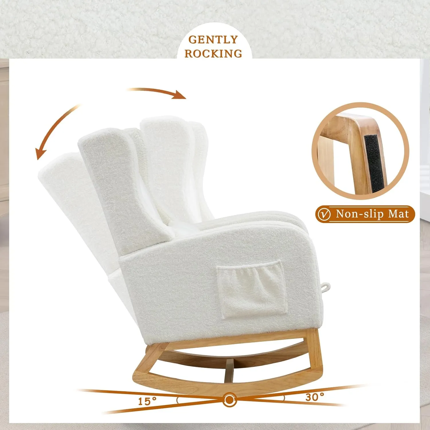 Modern Rocking Chair Nursery Glider, Comfy Rocker Nursery Chair with Foot Rest, Accent Reading Armchair with Pillow and Pocket, Upholstered Lounge Rocker with Solid Wood Base for Relaxing (Ivory)