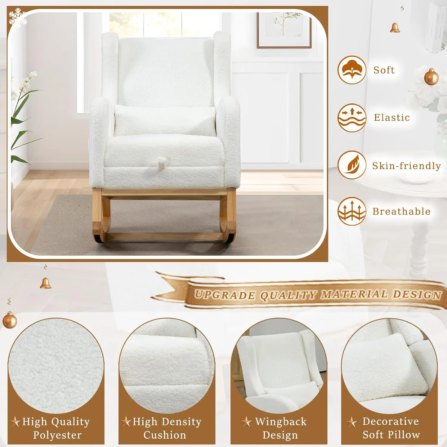 Modern Rocking Chair Nursery Glider, Comfy Rocker Nursery Chair with Foot Rest, Accent Reading Armchair with Pillow and Pocket, Upholstered Lounge Rocker with Solid Wood Base for Relaxing (Ivory)