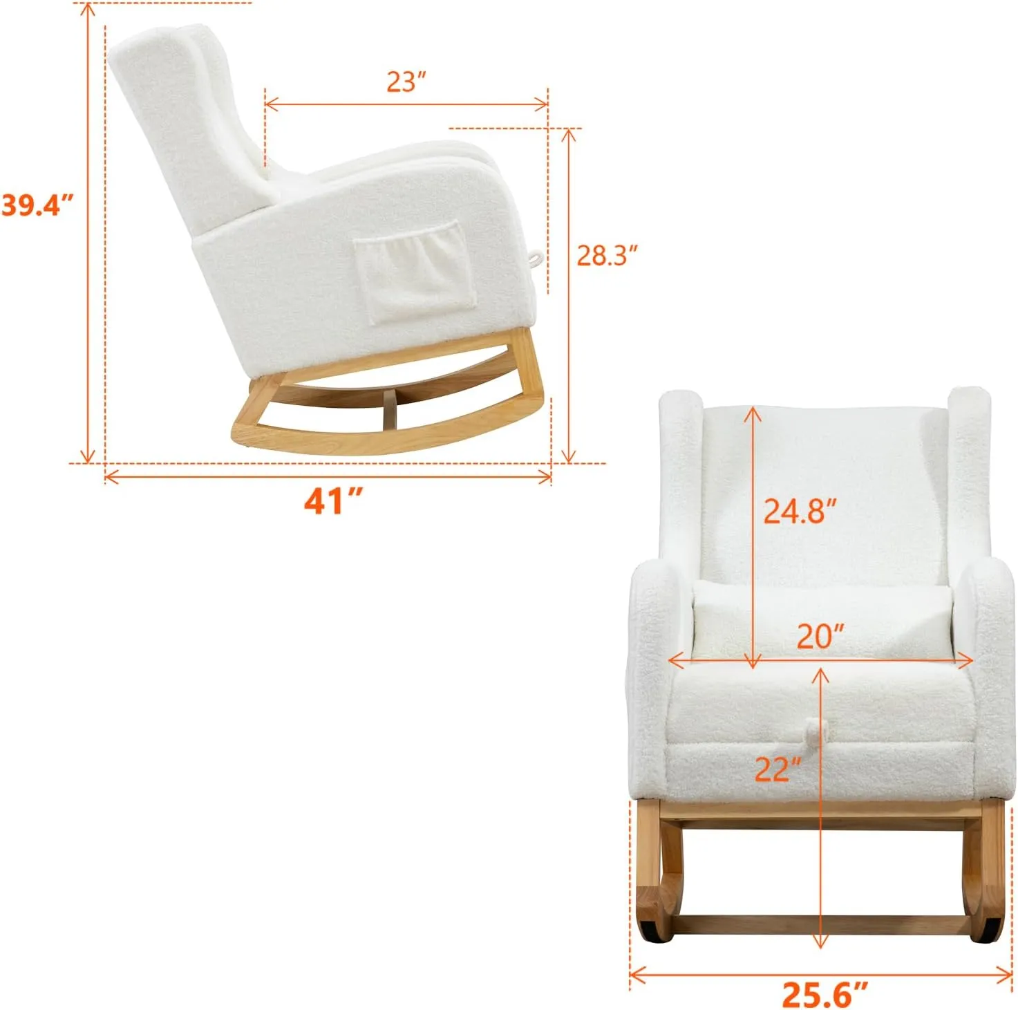 Modern Rocking Chair Nursery Glider, Comfy Rocker Nursery Chair with Foot Rest, Accent Reading Armchair with Pillow and Pocket, Upholstered Lounge Rocker with Solid Wood Base for Relaxing (Ivory)