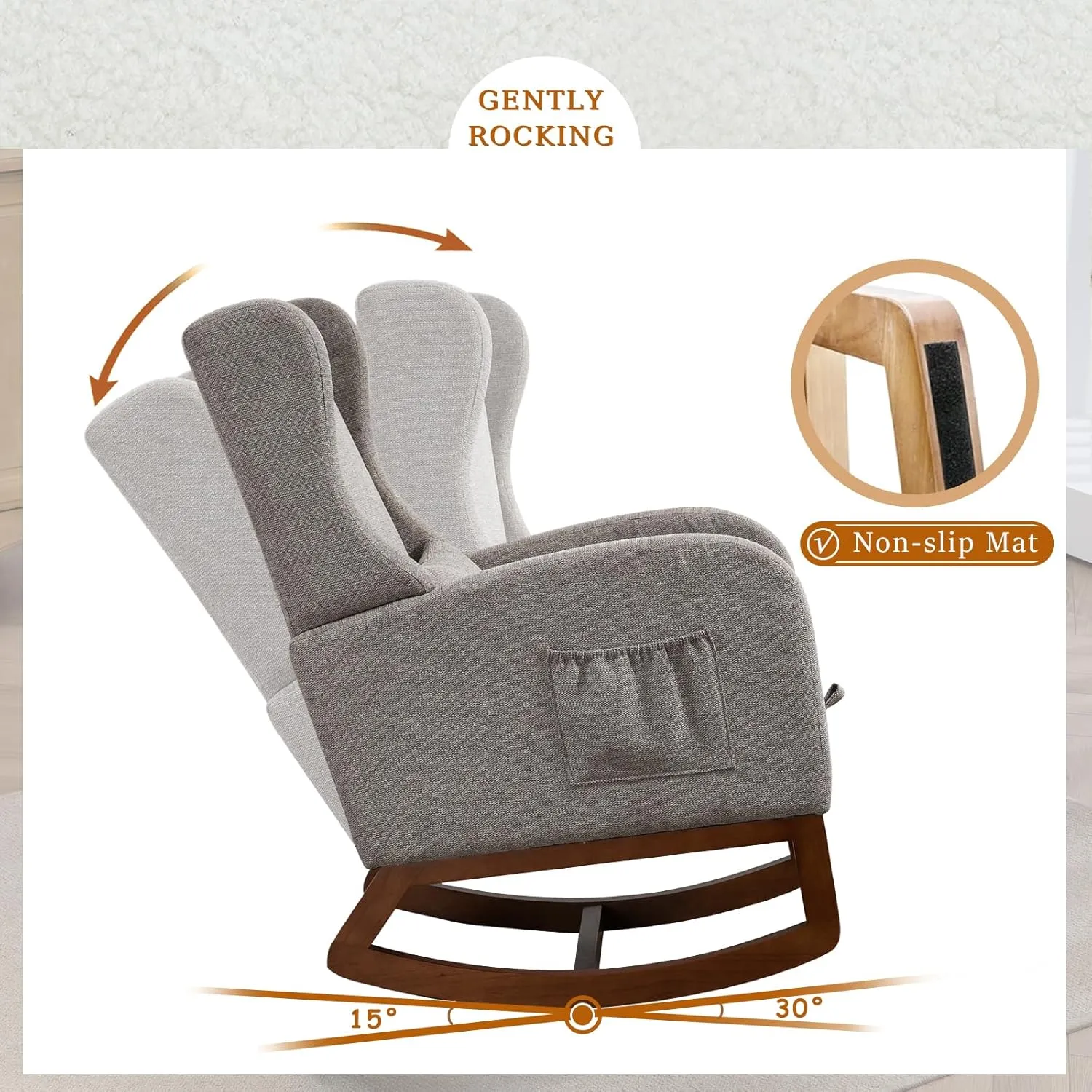 Modern Rocking Chair Nursery Glider, Comfy Rocker Nursery Chair with Foot Rest, Accent Reading Armchair with Pillow and Pocket, Upholstered Lounge Rocker with Solid Wood Base for Relaxing (Taupe)