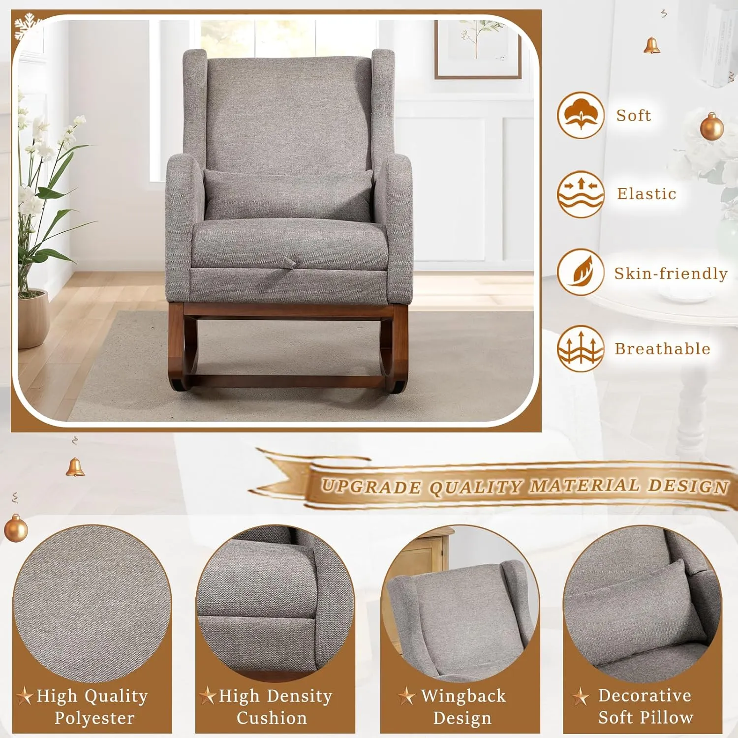 Modern Rocking Chair Nursery Glider, Comfy Rocker Nursery Chair with Foot Rest, Accent Reading Armchair with Pillow and Pocket, Upholstered Lounge Rocker with Solid Wood Base for Relaxing (Taupe)