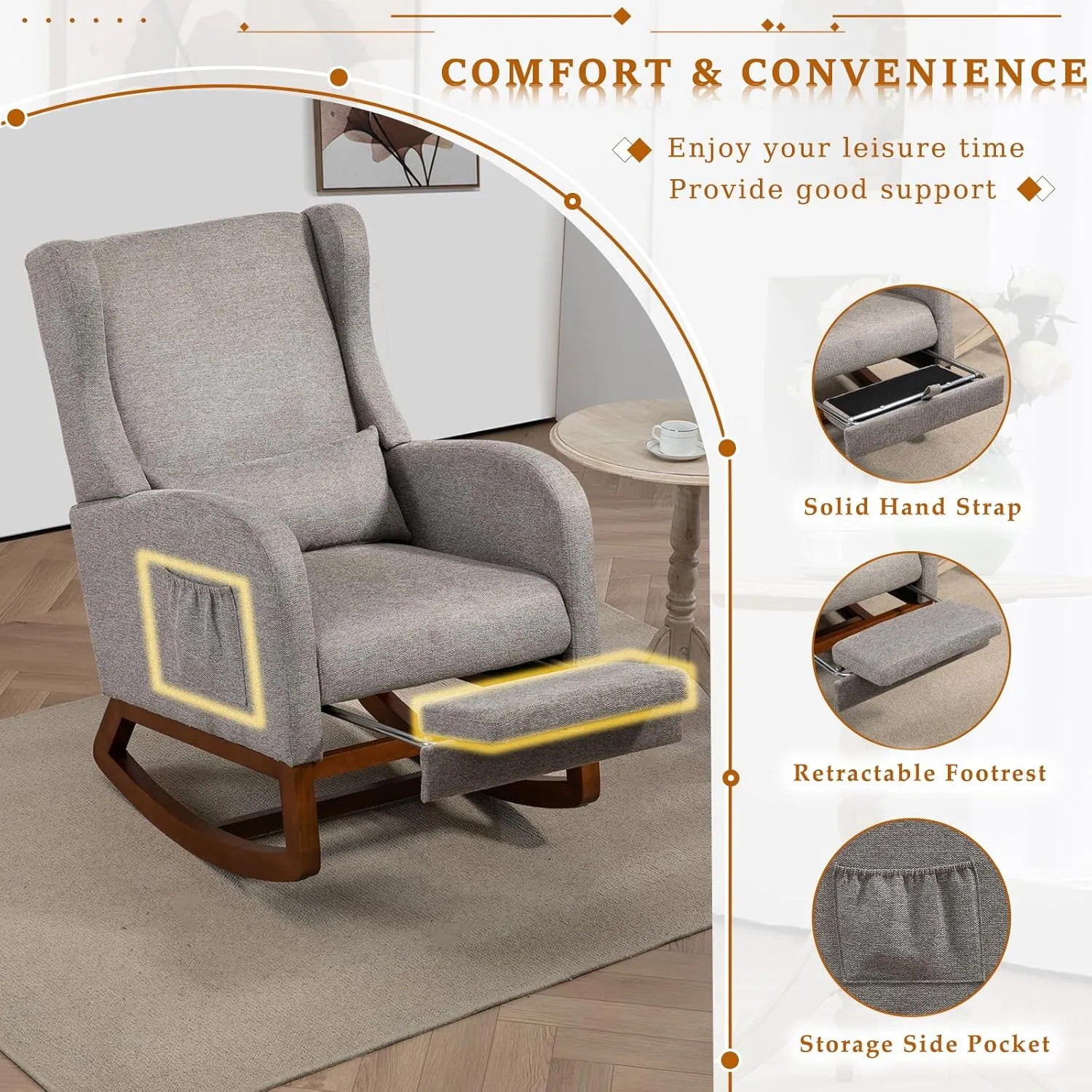 Modern Rocking Chair Nursery Glider, Comfy Rocker Nursery Chair with Foot Rest, Accent Reading Armchair with Pillow and Pocket, Upholstered Lounge Rocker with Solid Wood Base for Relaxing (Taupe)