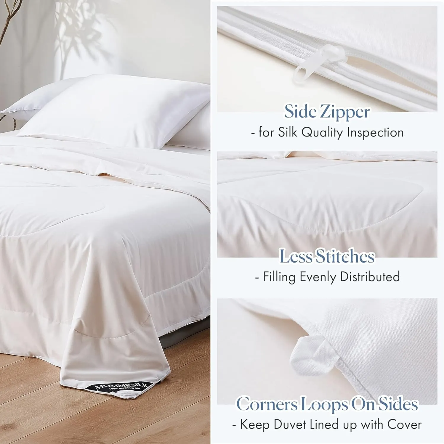 Mommesilk Mulberry Silk Comforter/Duvet/Quilt, 100% Pure Long Strand Silk Filling and Royal Cotton Cover, Soft Breathable, Silk Weight 1.5kg Queen Size 87x90 Inch, All Seasons