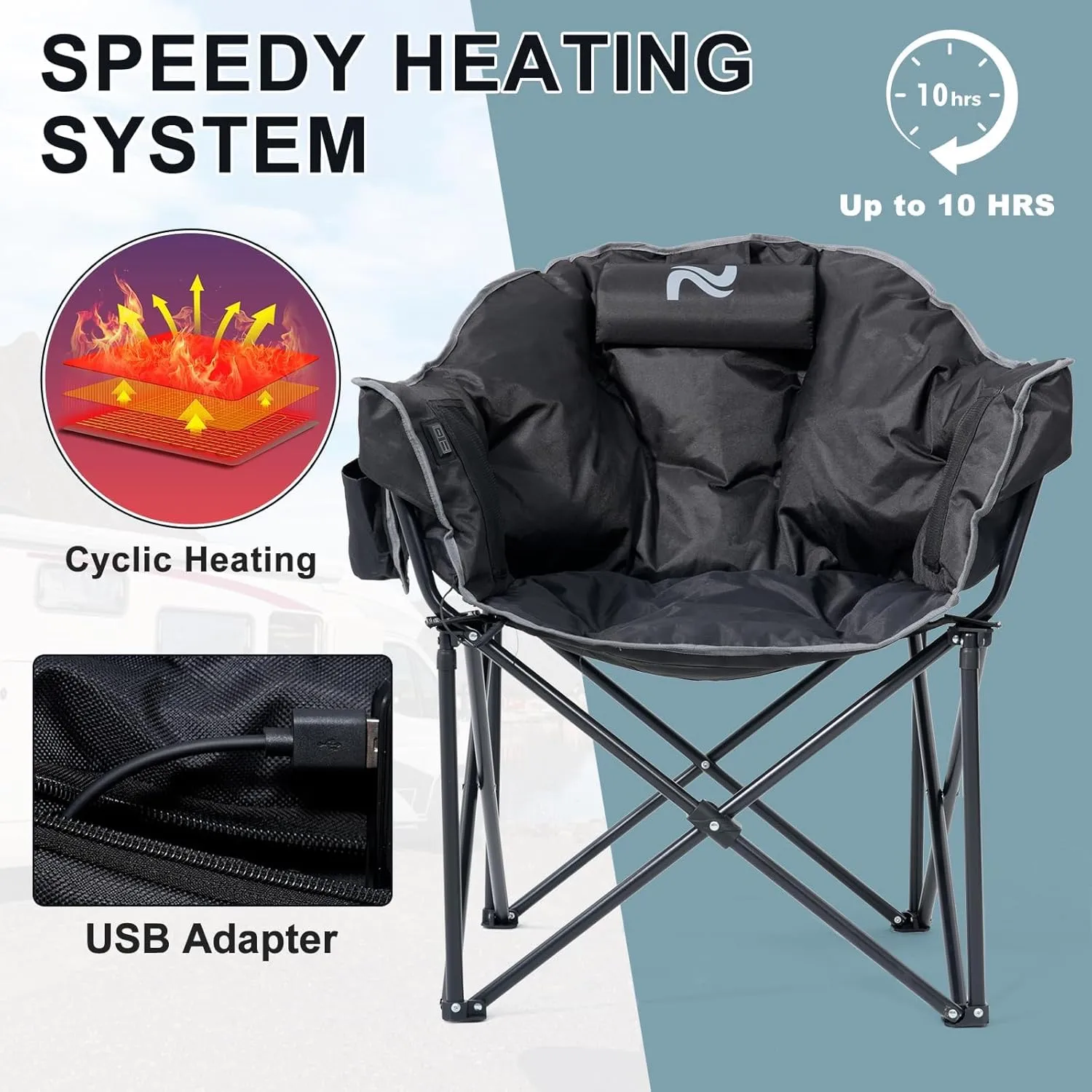 MOPHOTO Heated Camping Chair, Portable Heated Camping Chairs Outdoor, Padded Oversized Heated Folding Chairs Outdoor Sports, Heating Lawn Chair Patio Lounge Chairs for Adults