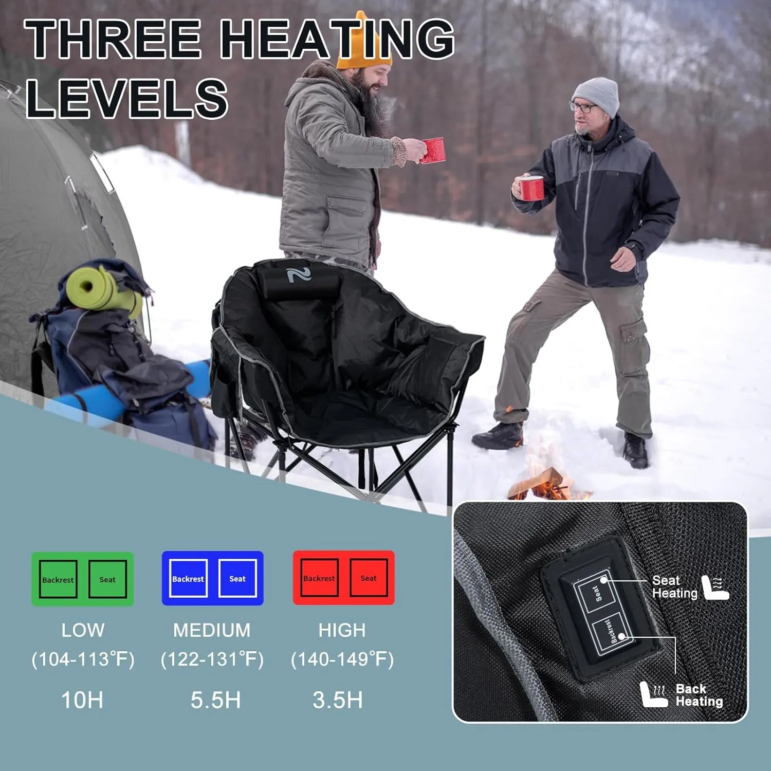 MOPHOTO Heated Camping Chair, Portable Heated Camping Chairs Outdoor, Padded Oversized Heated Folding Chairs Outdoor Sports, Heating Lawn Chair Patio Lounge Chairs for Adults