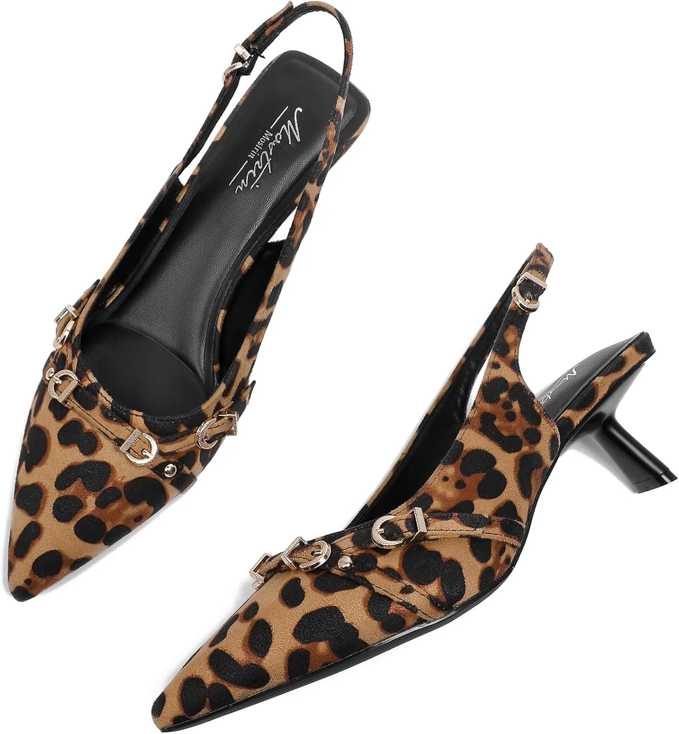 Mostrin Kitten Heels for Women Pointed Toe Pumps Patent Leather Low Heel Slingback Heels with Buckle Dress Shoes for Dating Party Working
