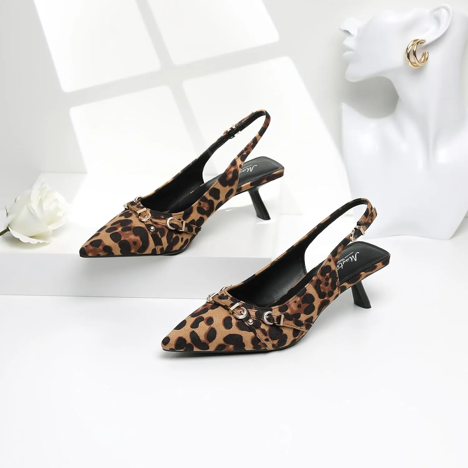 Mostrin Kitten Heels for Women Pointed Toe Pumps Patent Leather Low Heel Slingback Heels with Buckle Dress Shoes for Dating Party Working