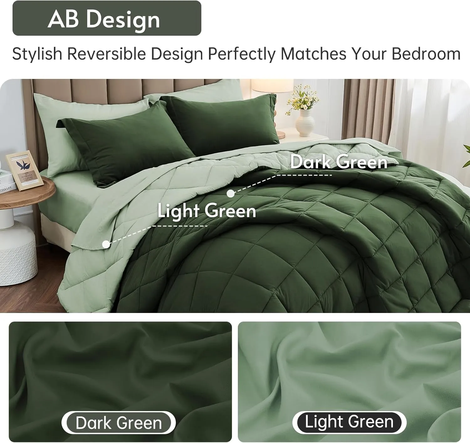 MUXHOMO 7 Pieces King Comforter Set, Reversible Bed in a Bag King Size, All Season Bedding Set with Comforter, Flat Sheet, Fitted Sheet, Pillowcases & Shams, Dark Green & Light Green