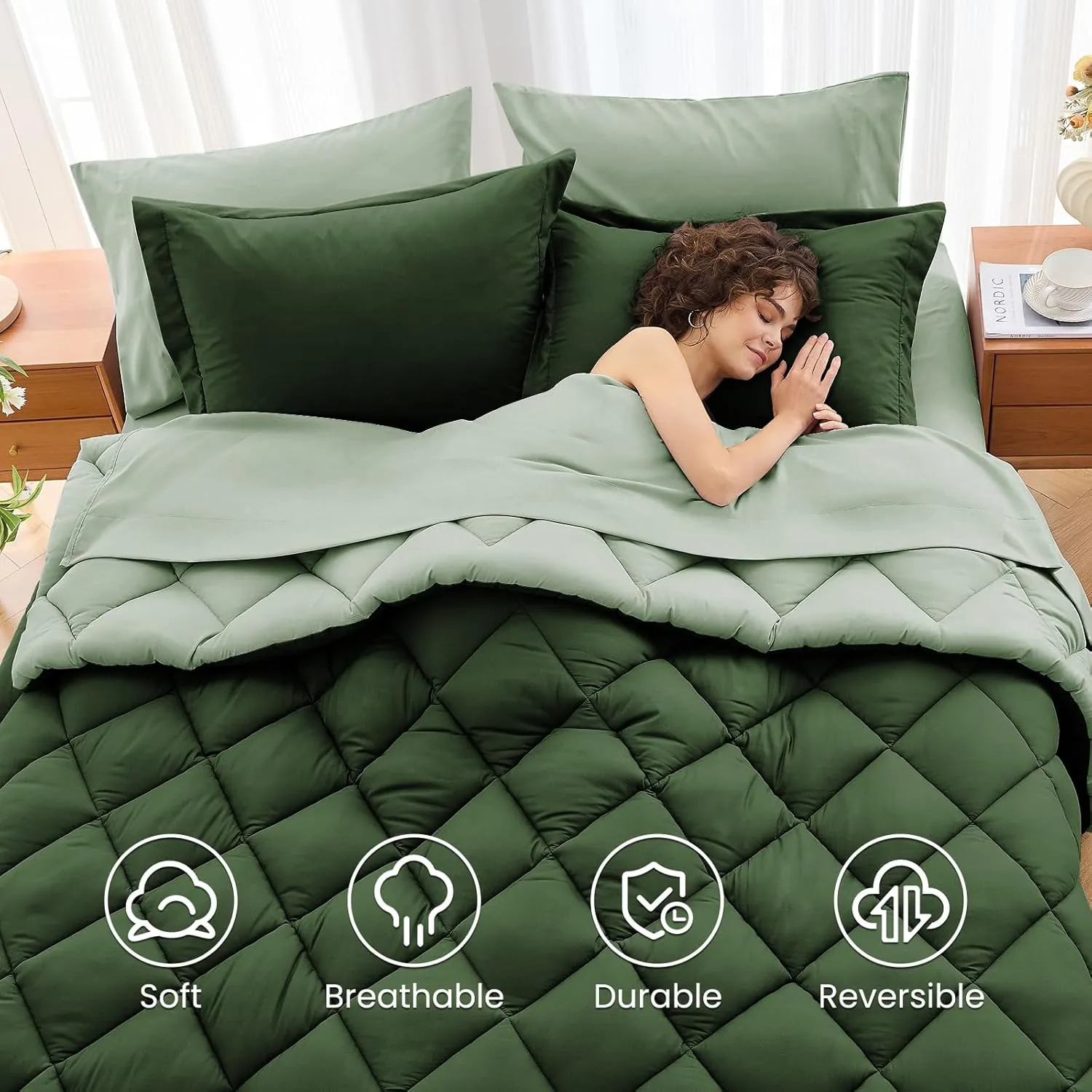 MUXHOMO 7 Pieces King Comforter Set, Reversible Bed in a Bag King Size, All Season Bedding Set with Comforter, Flat Sheet, Fitted Sheet, Pillowcases & Shams, Dark Green & Light Green