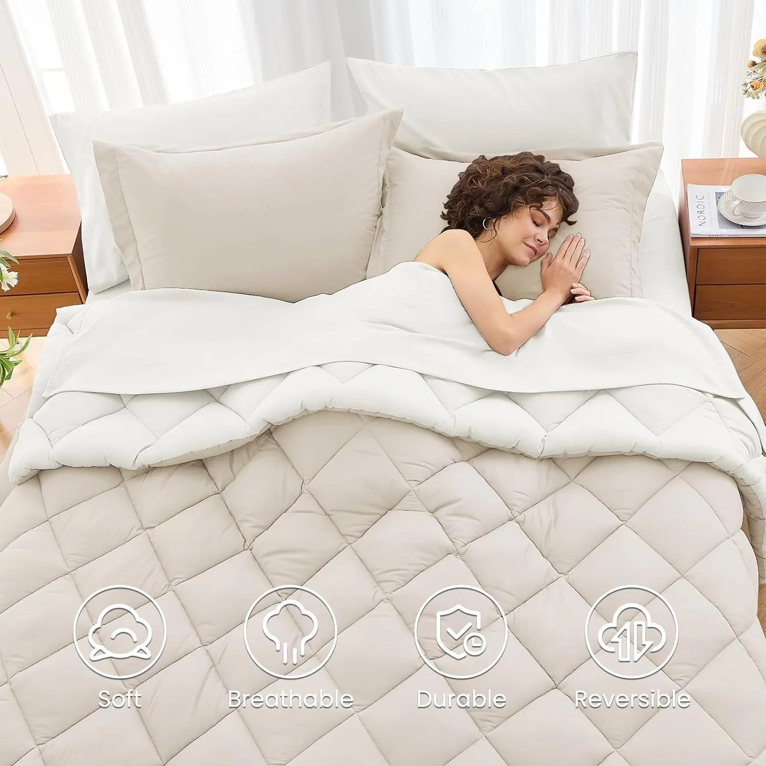 MUXHOMO 7 Pieces Queen Comforter Set, Reversible Bed in a Bag Queen Size, All Season Bedding Set with Comforter, Flat Sheet, Fitted Sheet, Pillowcases & Shams, Beige & White