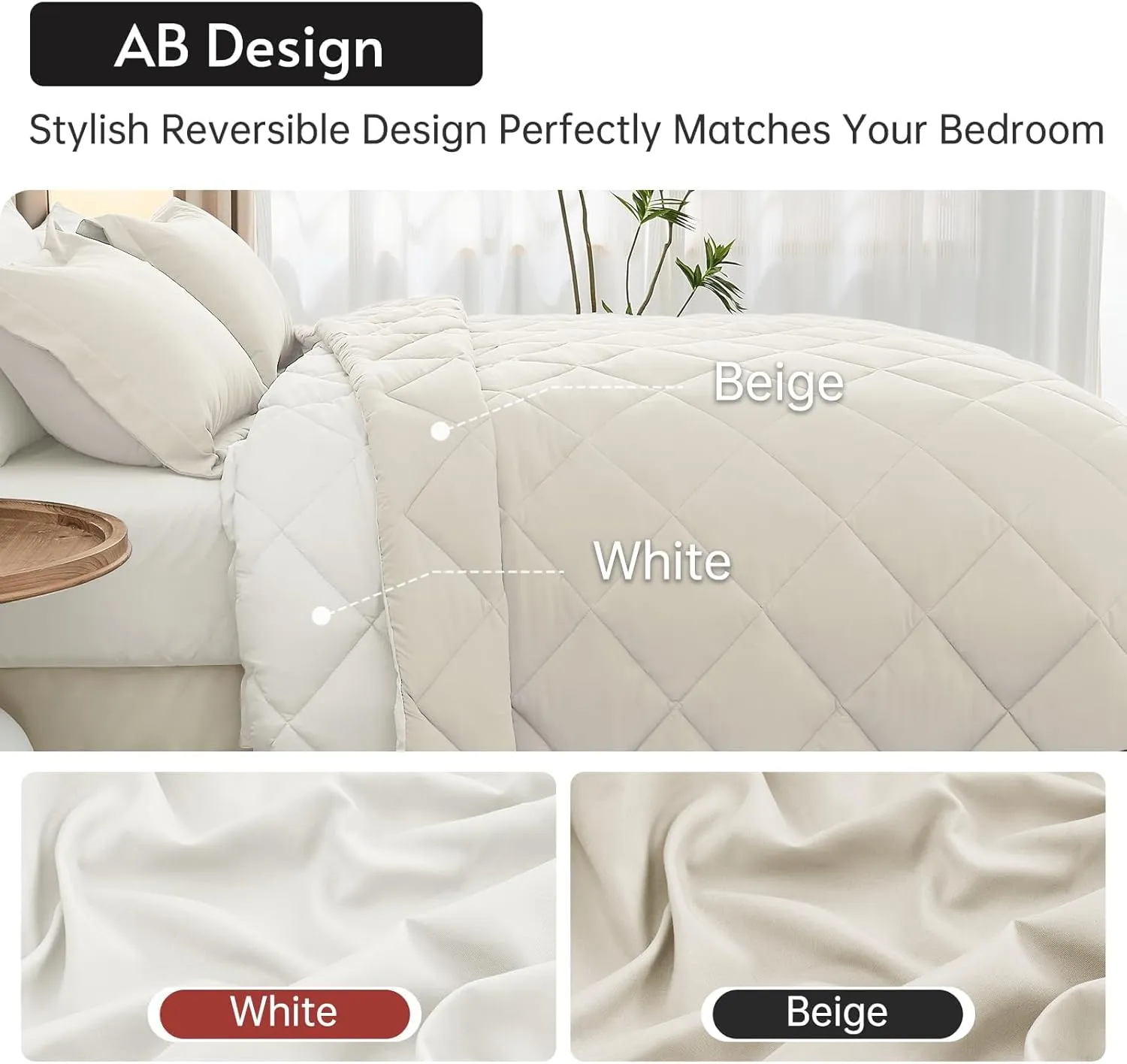 MUXHOMO 7 Pieces Queen Comforter Set, Reversible Bed in a Bag Queen Size, All Season Bedding Set with Comforter, Flat Sheet, Fitted Sheet, Pillowcases & Shams, Beige & White