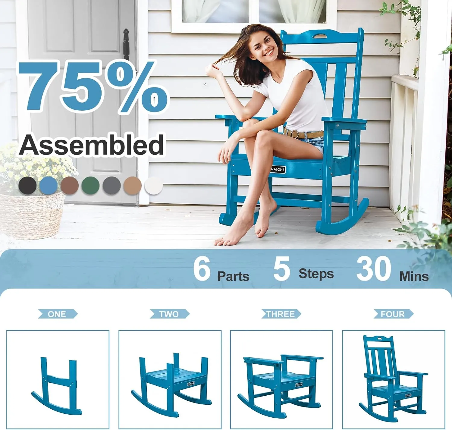 nalone Outdoor Rocking Chairs Set of 2, Oversized Porch Rocker Chair for Adult, All-Weather Resistant Patio Rocking Chair for Garden Lawn (Blue)