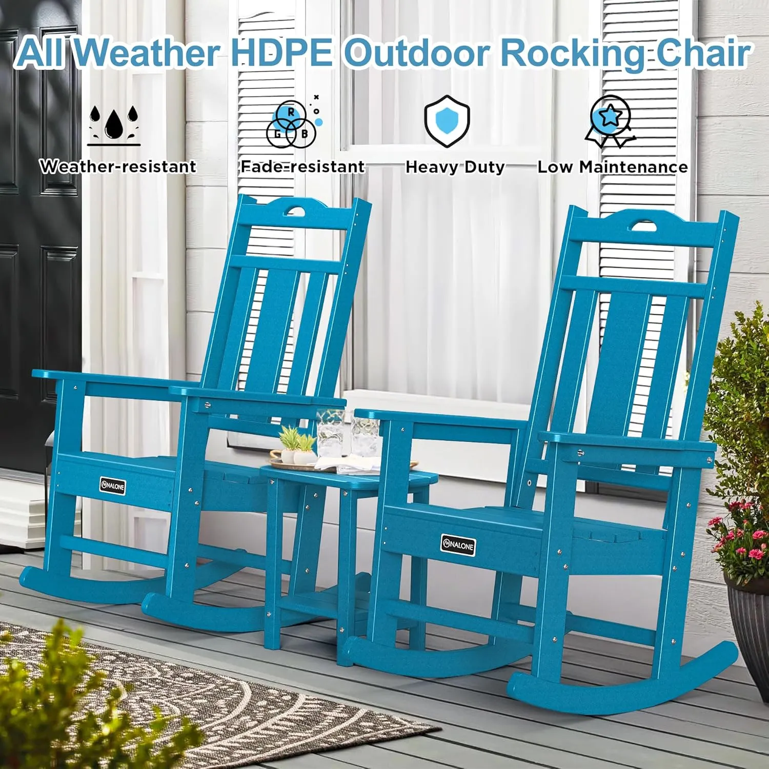 nalone Outdoor Rocking Chairs Set of 2, Oversized Porch Rocker Chair for Adult, All-Weather Resistant Patio Rocking Chair for Garden Lawn (Blue)