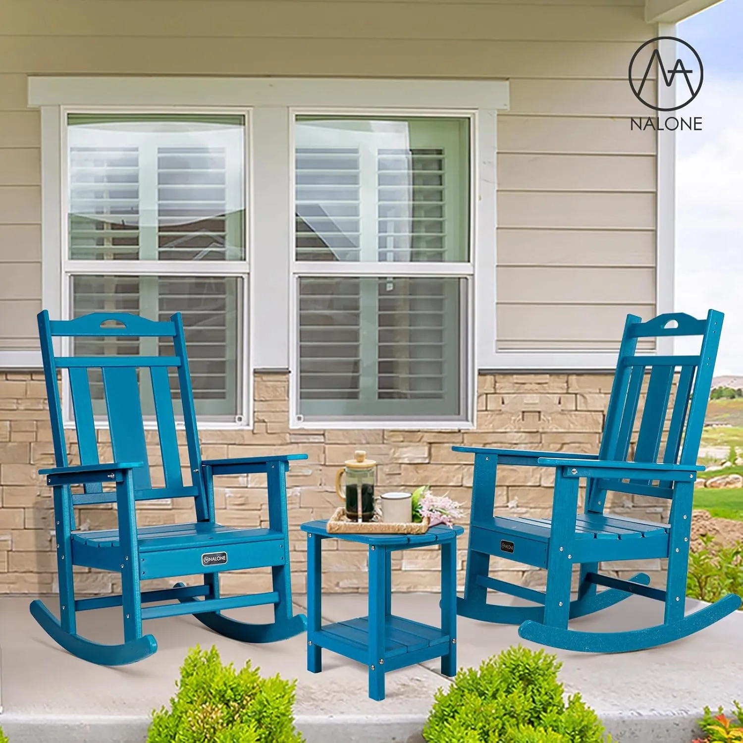 nalone Outdoor Rocking Chairs Set of 2, Oversized Porch Rocker Chair for Adult, All-Weather Resistant Patio Rocking Chair for Garden Lawn (Blue)