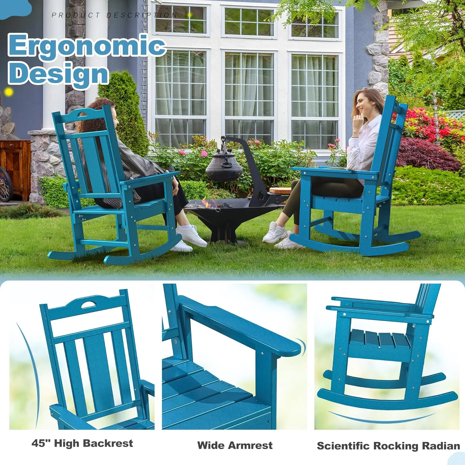 nalone Outdoor Rocking Chairs Set of 2, Oversized Porch Rocker Chair for Adult, All-Weather Resistant Patio Rocking Chair for Garden Lawn (Blue)