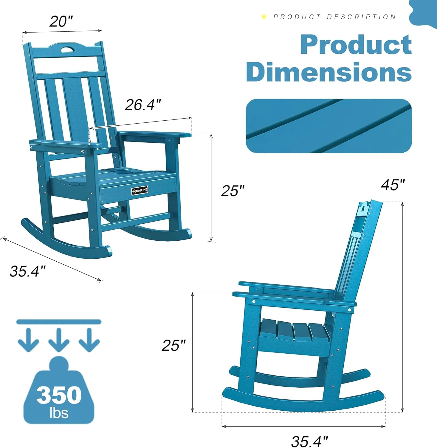 nalone Outdoor Rocking Chairs Set of 2, Oversized Porch Rocker Chair for Adult, All-Weather Resistant Patio Rocking Chair for Garden Lawn (Blue)