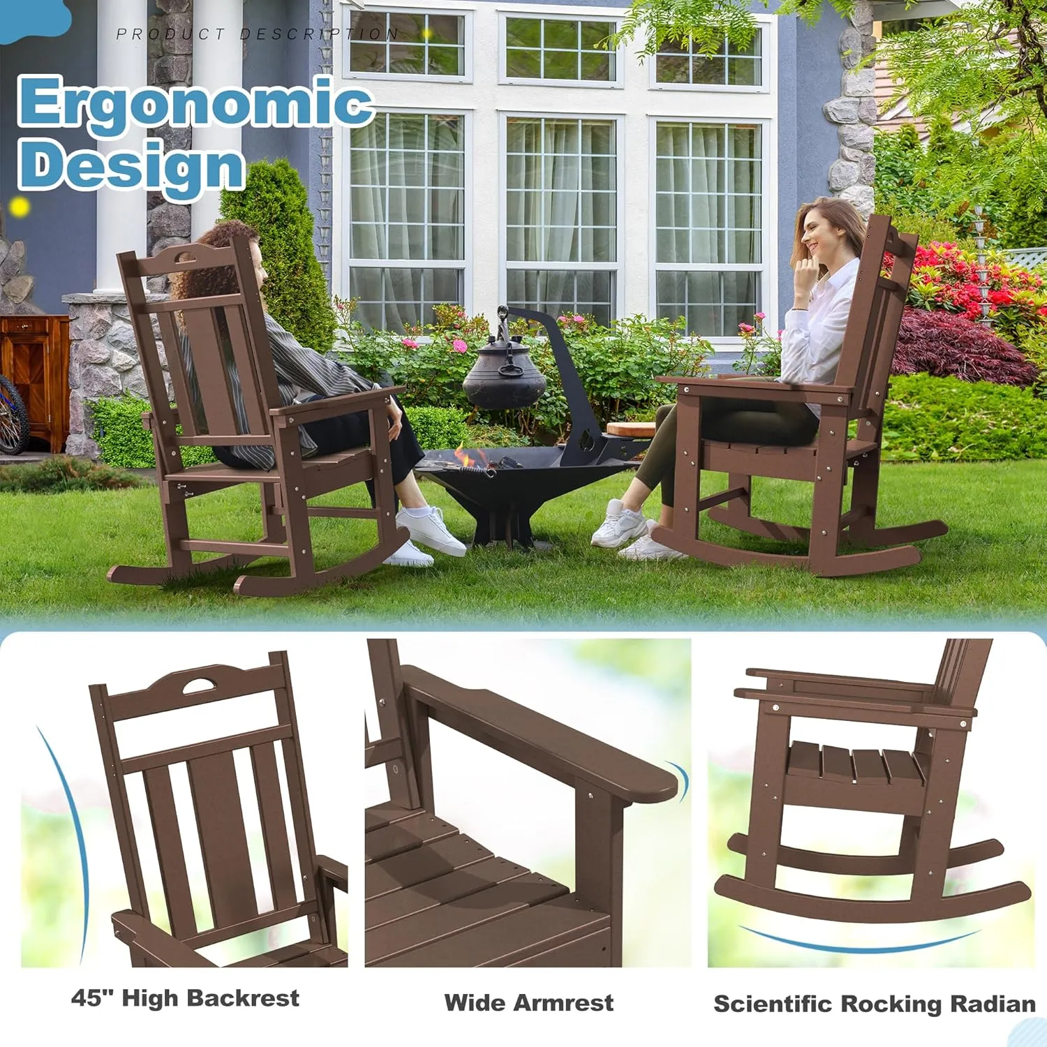 nalone Outdoor Rocking Chairs Set of 2, Oversized Porch Rocker Chair for Adult, All-Weather Resistant Patio Rocking Chair for Garden Lawn (Brown)
