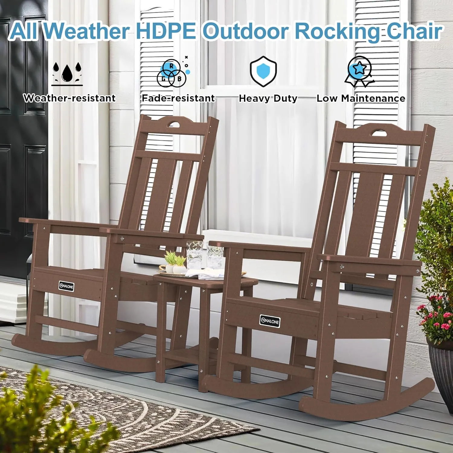 nalone Outdoor Rocking Chairs Set of 2, Oversized Porch Rocker Chair for Adult, All-Weather Resistant Patio Rocking Chair for Garden Lawn (Brown)