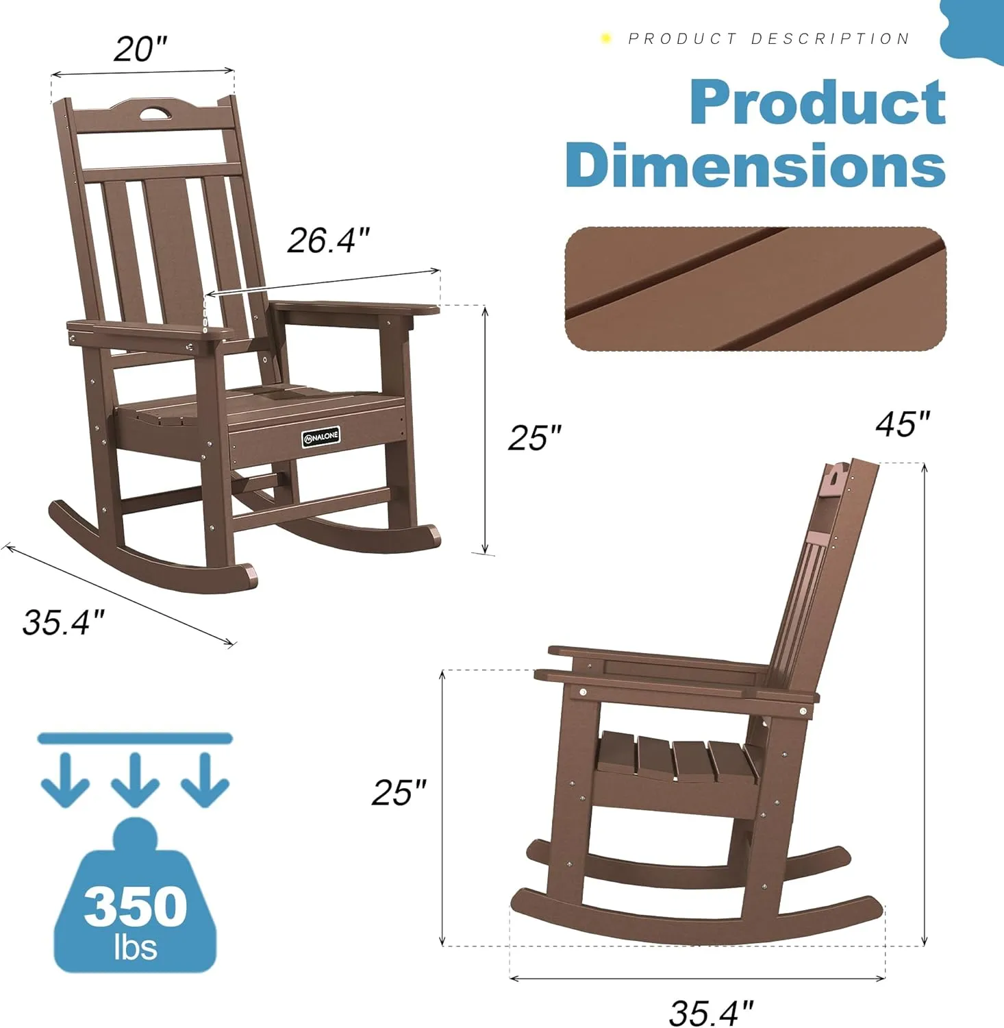 nalone Outdoor Rocking Chairs Set of 2, Oversized Porch Rocker Chair for Adult, All-Weather Resistant Patio Rocking Chair for Garden Lawn (Brown)