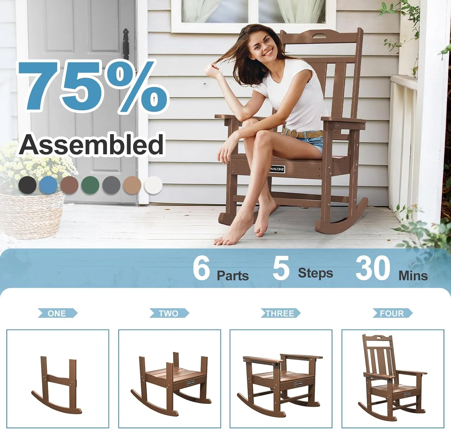 nalone Outdoor Rocking Chairs Set of 2, Oversized Porch Rocker Chair for Adult, All-Weather Resistant Patio Rocking Chair for Garden Lawn (Brown)