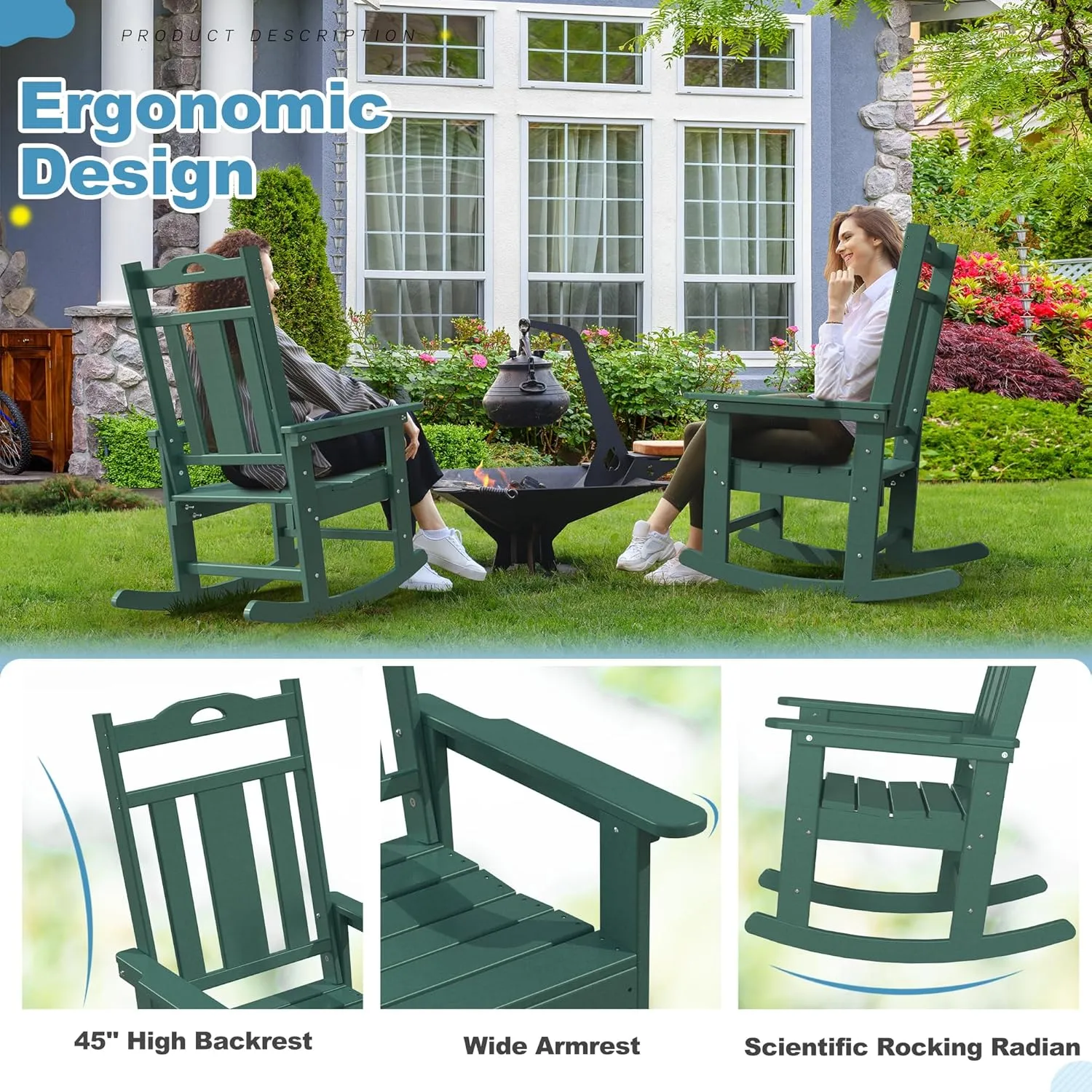 nalone Outdoor Rocking Chairs Set of 2, Oversized Porch Rocker Chair for Adult, All-Weather Resistant Patio Rocking Chair for Garden Lawn(Green)