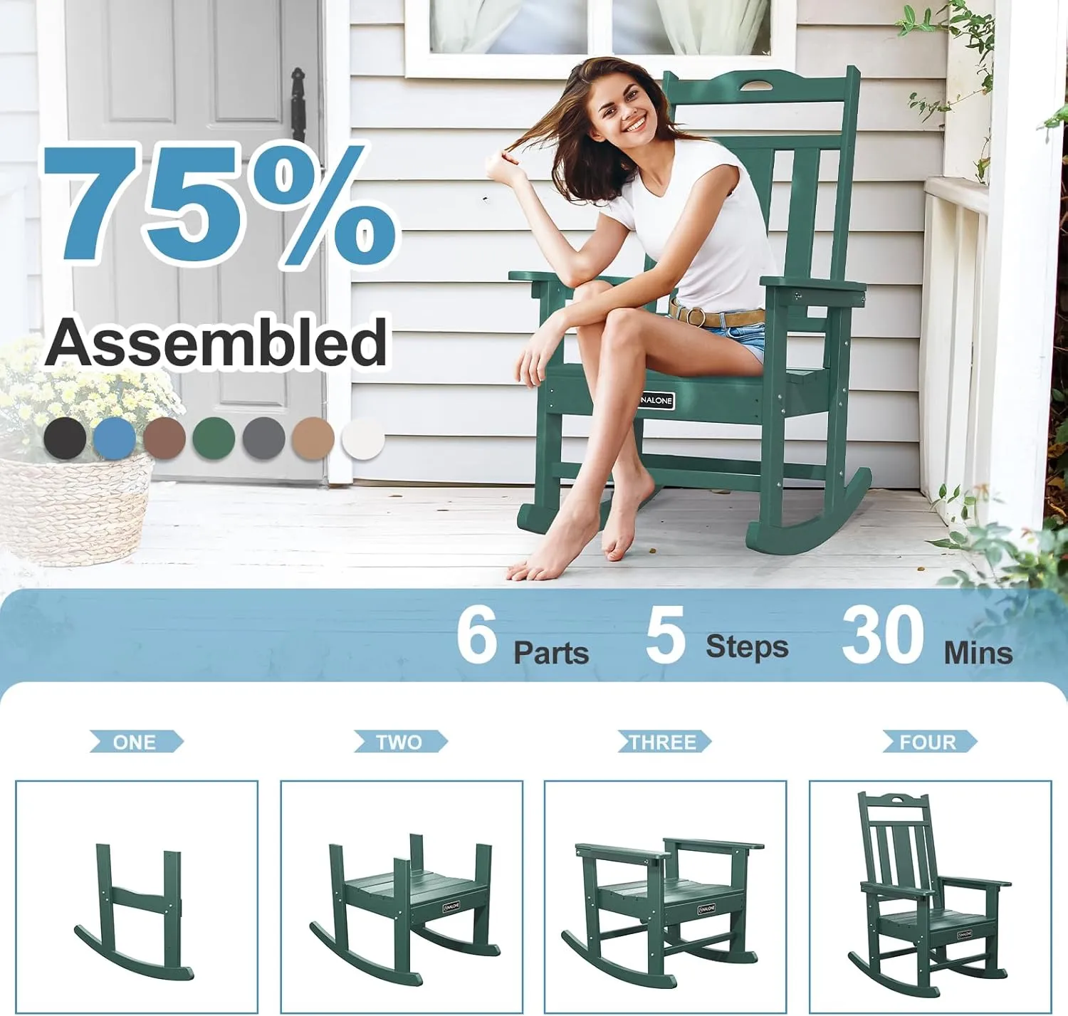 nalone Outdoor Rocking Chairs Set of 2, Oversized Porch Rocker Chair for Adult, All-Weather Resistant Patio Rocking Chair for Garden Lawn(Green)