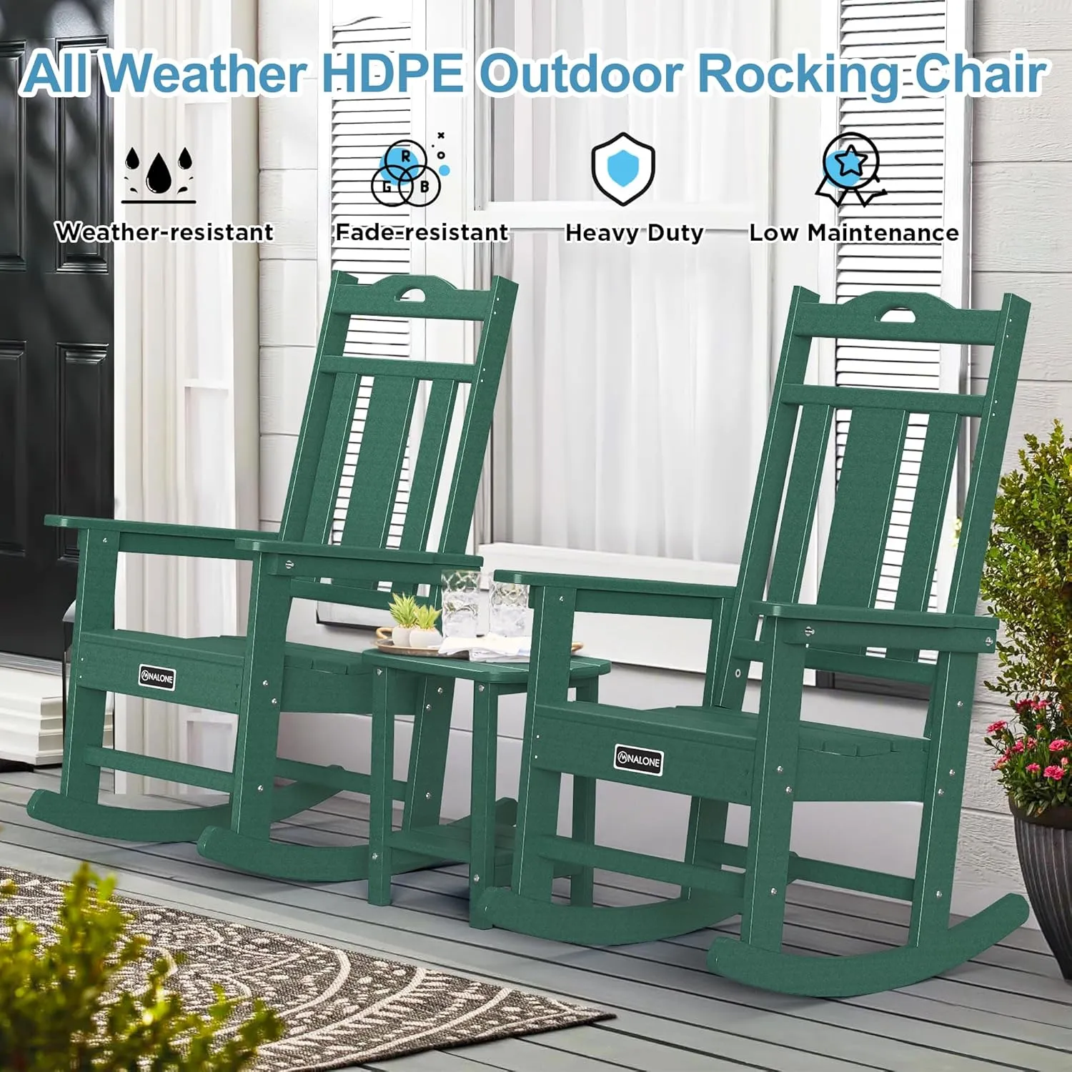 nalone Outdoor Rocking Chairs Set of 2, Oversized Porch Rocker Chair for Adult, All-Weather Resistant Patio Rocking Chair for Garden Lawn(Green)