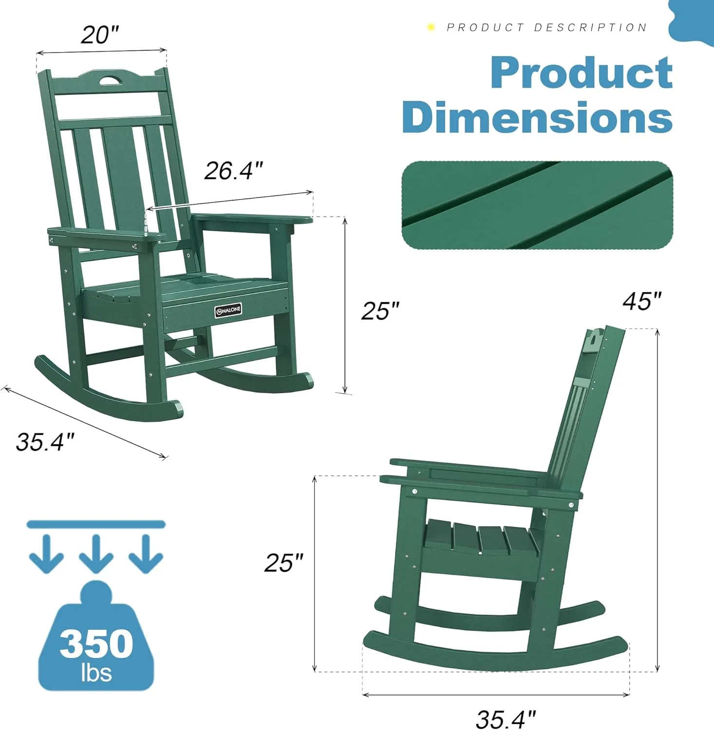 nalone Outdoor Rocking Chairs Set of 2, Oversized Porch Rocker Chair for Adult, All-Weather Resistant Patio Rocking Chair for Garden Lawn(Green)