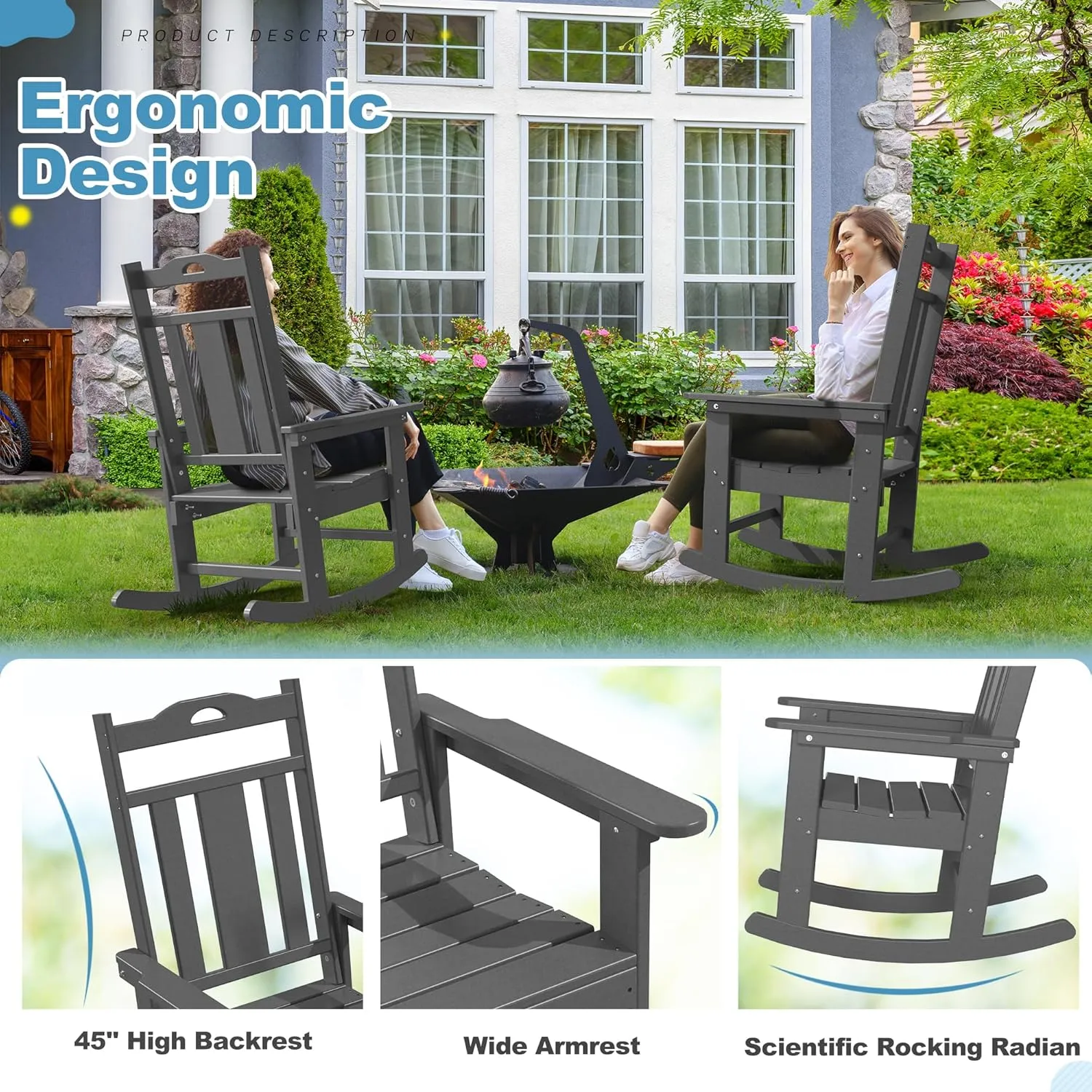 nalone Outdoor Rocking Chairs Set of 2, Oversized Porch Rocker Chair for Adult, All-Weather Resistant Patio Rocking Chair for Garden Lawn(Grey)