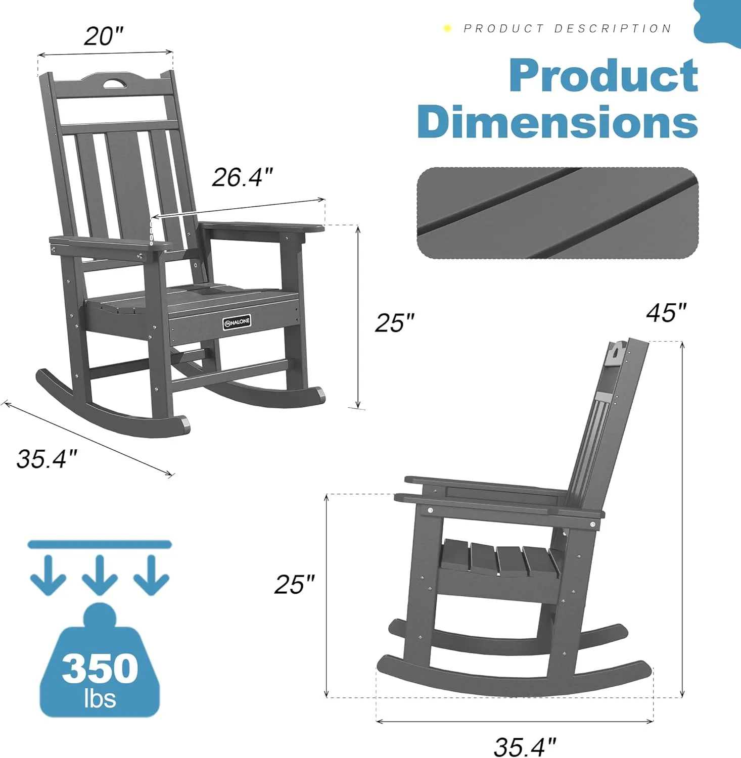 nalone Outdoor Rocking Chairs Set of 2, Oversized Porch Rocker Chair for Adult, All-Weather Resistant Patio Rocking Chair for Garden Lawn(Grey)