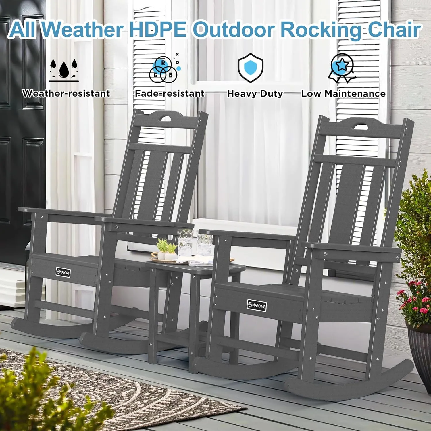 nalone Outdoor Rocking Chairs Set of 2, Oversized Porch Rocker Chair for Adult, All-Weather Resistant Patio Rocking Chair for Garden Lawn(Grey)