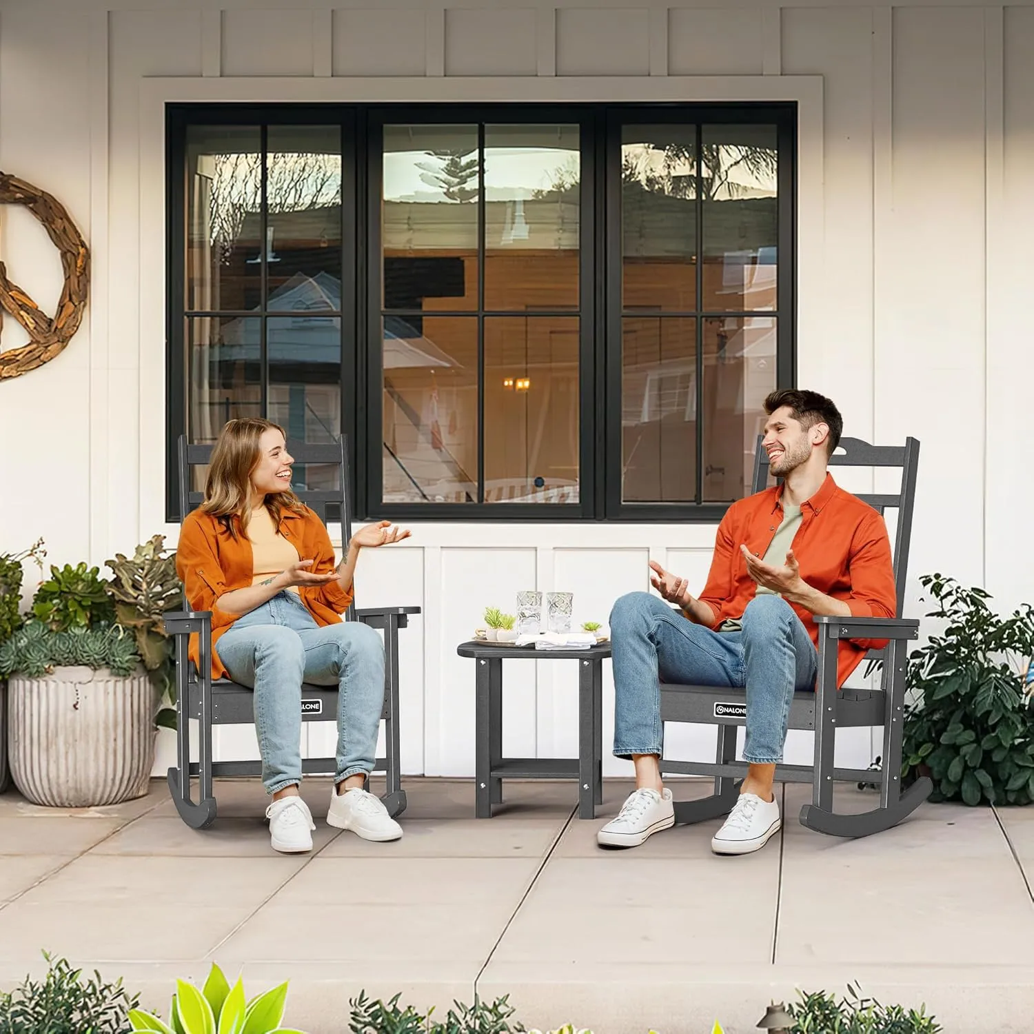 nalone Outdoor Rocking Chairs Set of 2, Oversized Porch Rocker Chair for Adult, All-Weather Resistant Patio Rocking Chair for Garden Lawn(Grey)