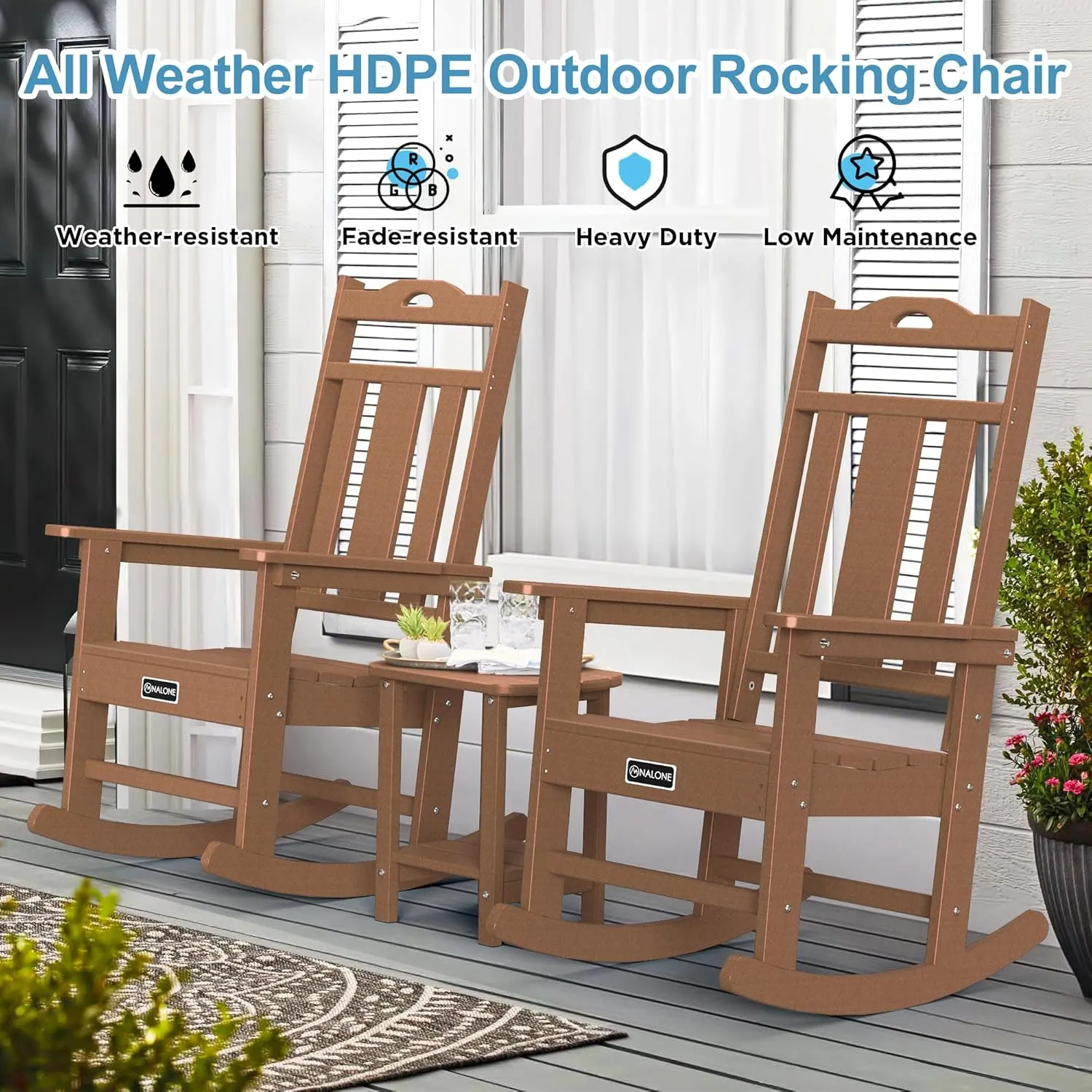 nalone Outdoor Rocking Chairs Set of 2, Oversized Porch Rocker Chair for Adult, All-Weather Resistant Patio Rocking Chair for Garden Lawn(Teak)
