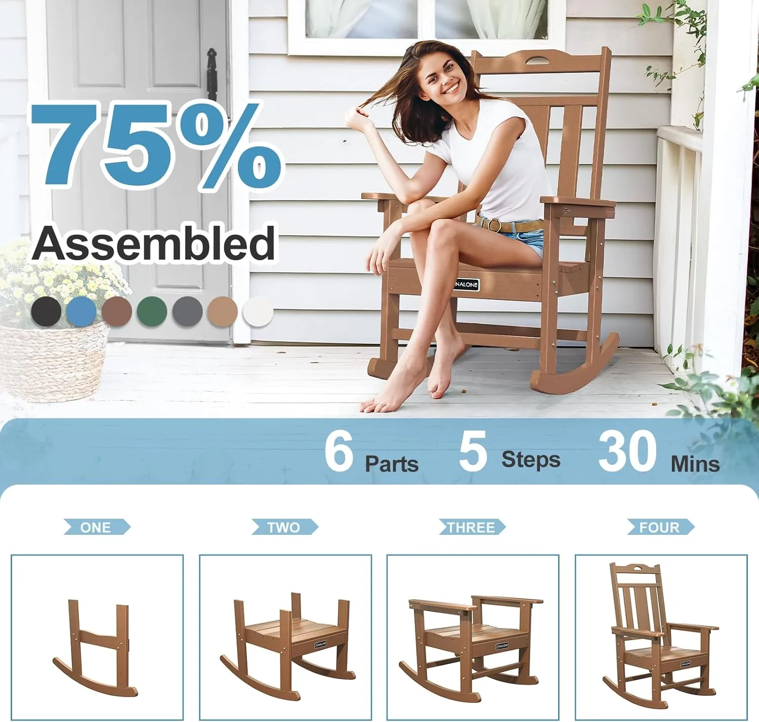 nalone Outdoor Rocking Chairs Set of 2, Oversized Porch Rocker Chair for Adult, All-Weather Resistant Patio Rocking Chair for Garden Lawn(Teak)